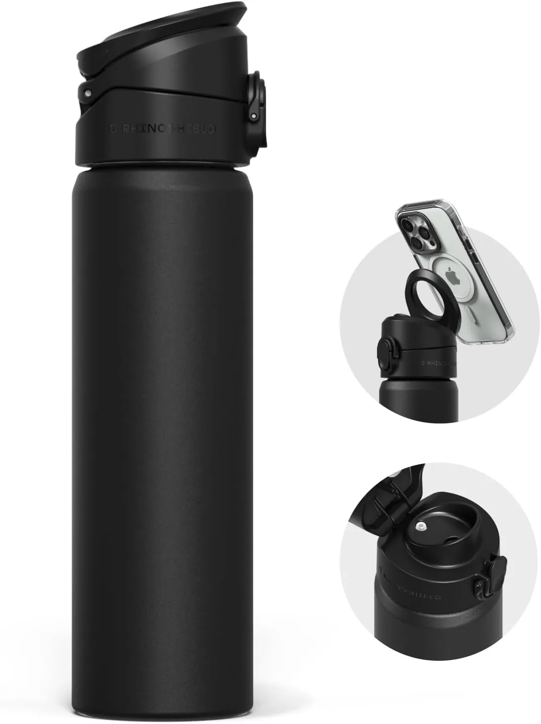 RHINOSHIELD AquaStand Magnetic Bottle 23 oz | Round Mouth Stainless Steel Insulated Water Bottle, Sport Bottle with MagSafe Compatible Handle, Tripod with Adjustable Angles, Leak Proof - Classic Black