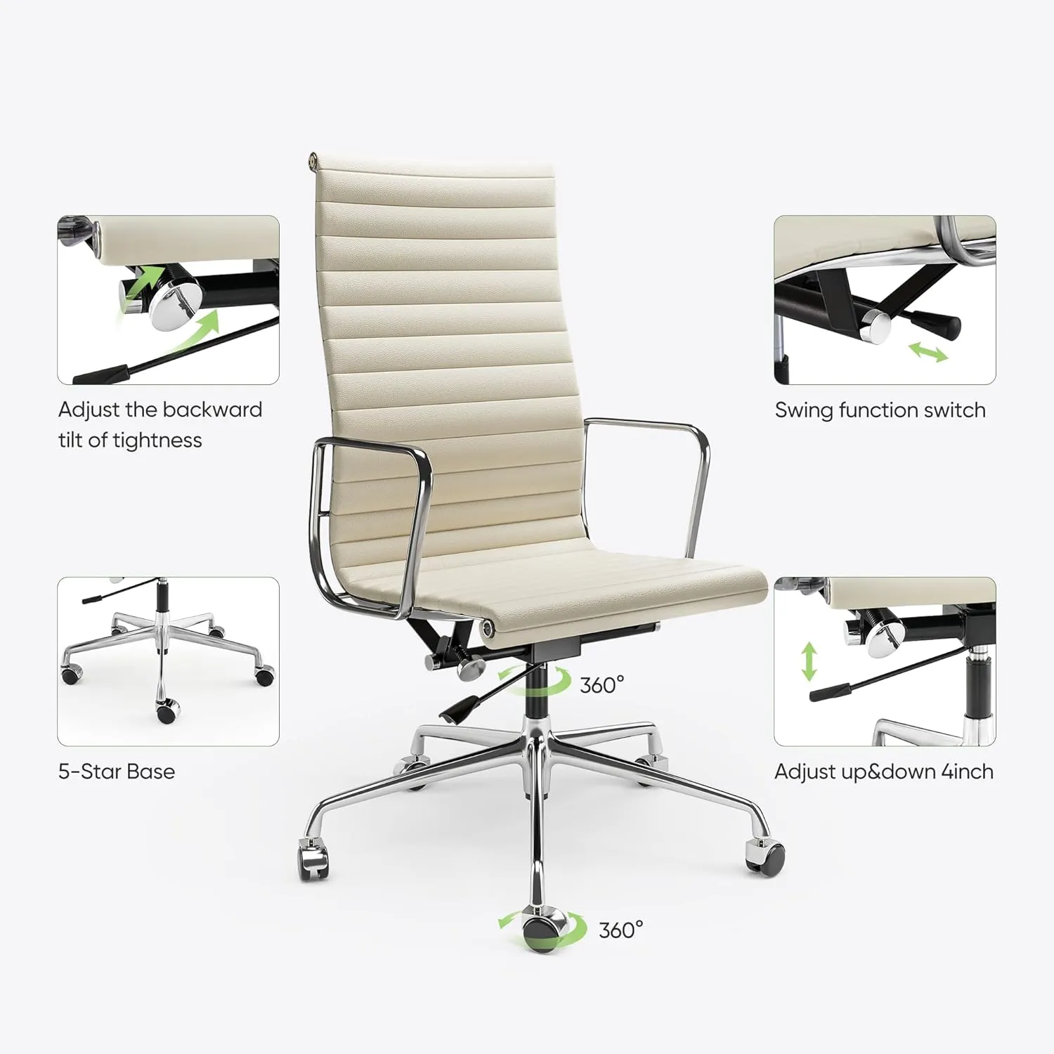 Ribbed Office Chair Top Grain Leather Desk Chair High Back Genuine Leather Swivel Chairs with Aluminum Alloy Arms & Base, with Silent Nylon Wheels, High Adjustable and Tilting Function, Cream