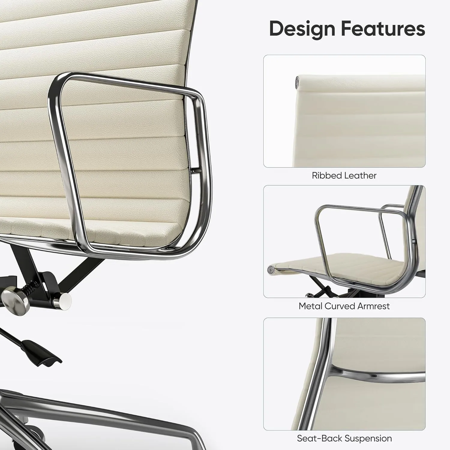 Ribbed Office Chair Top Grain Leather Desk Chair High Back Genuine Leather Swivel Chairs with Aluminum Alloy Arms & Base, with Silent Nylon Wheels, High Adjustable and Tilting Function, Cream