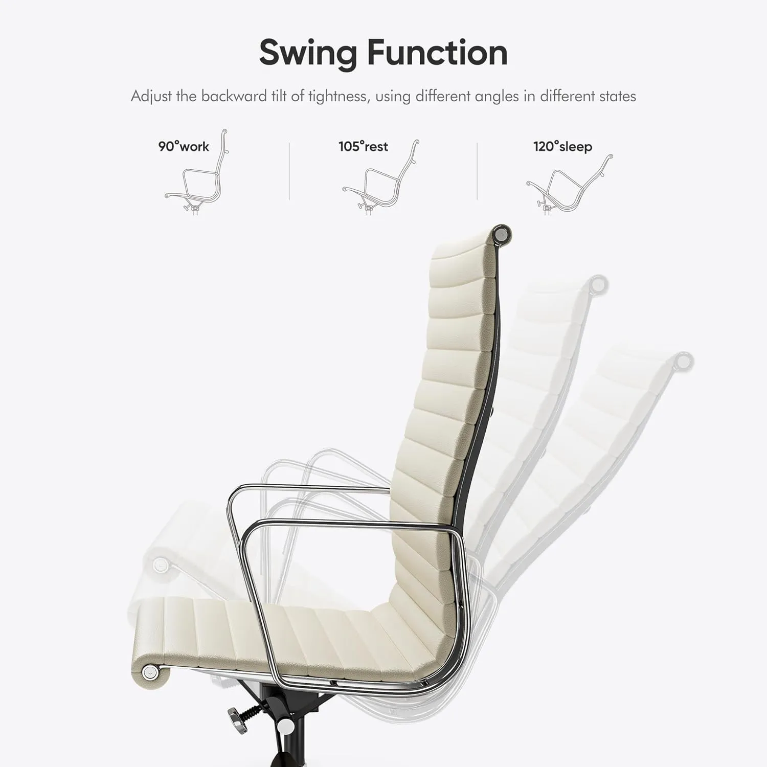 Ribbed Office Chair Top Grain Leather Desk Chair High Back Genuine Leather Swivel Chairs with Aluminum Alloy Arms & Base, with Silent Nylon Wheels, High Adjustable and Tilting Function, Cream