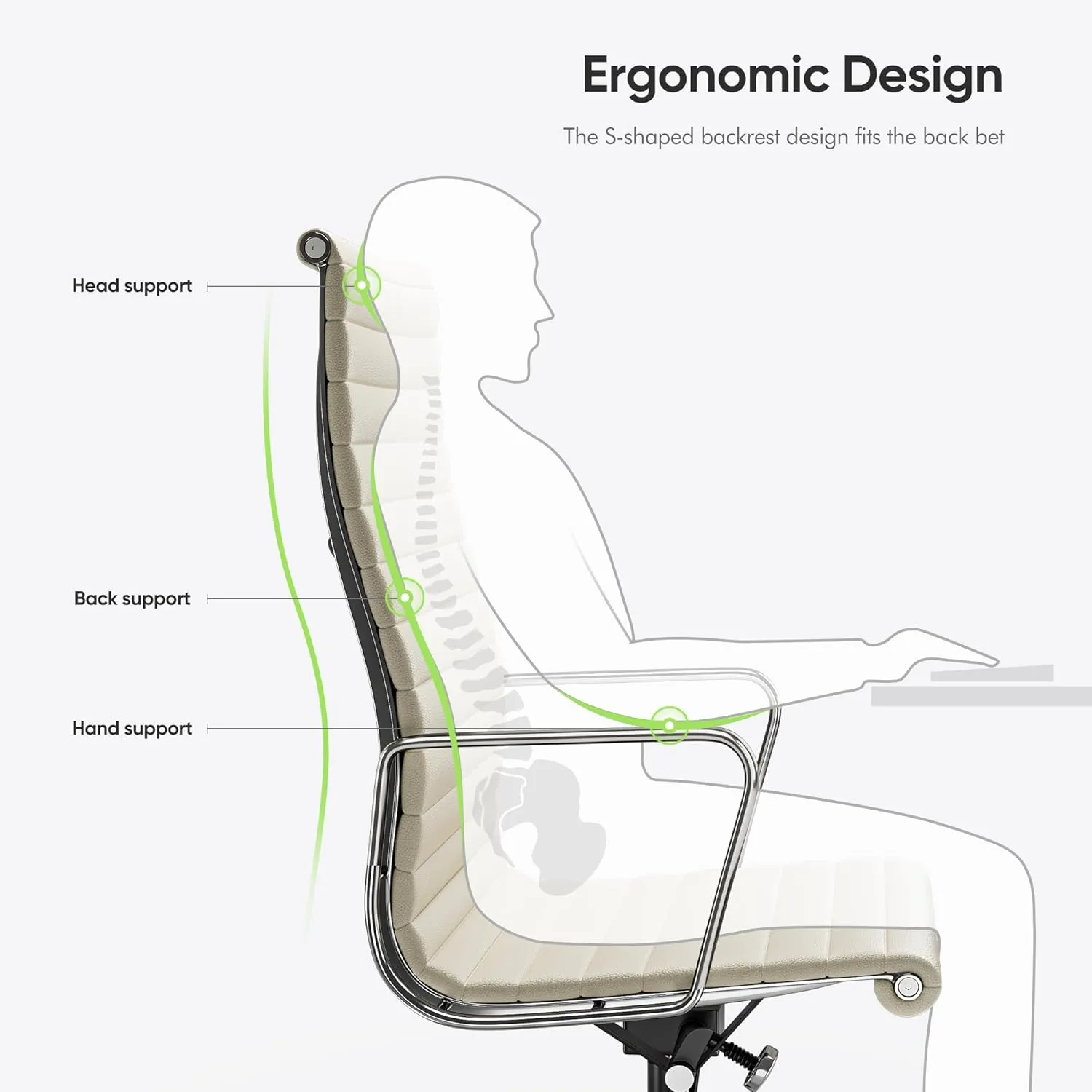Ribbed Office Chair Top Grain Leather Desk Chair High Back Genuine Leather Swivel Chairs with Aluminum Alloy Arms & Base, with Silent Nylon Wheels, High Adjustable and Tilting Function, Cream