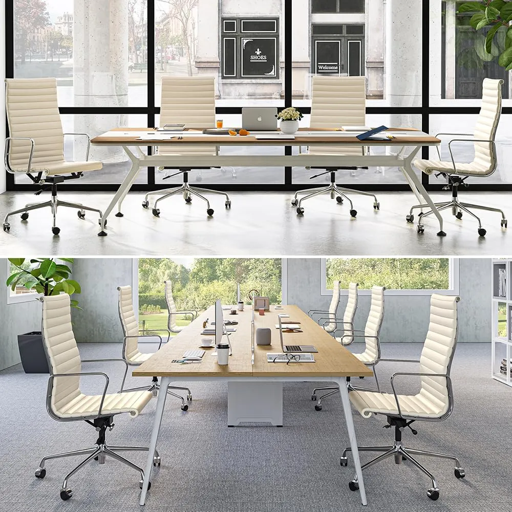 Ribbed Office Chair Top Grain Leather Desk Chair High Back Genuine Leather Swivel Chairs with Aluminum Alloy Arms & Base, with Silent Nylon Wheels, High Adjustable and Tilting Function, Cream
