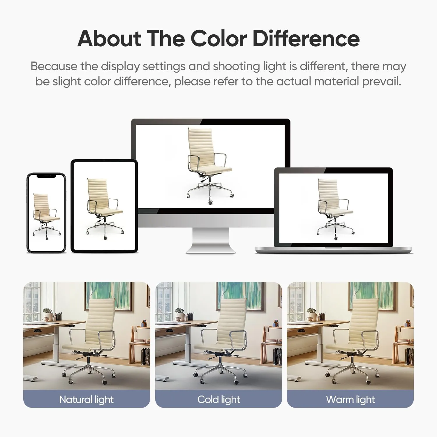 Ribbed Office Chair Top Grain Leather Desk Chair High Back Genuine Leather Swivel Chairs with Aluminum Alloy Arms & Base, with Silent Nylon Wheels, High Adjustable and Tilting Function, Cream