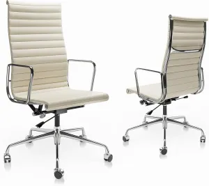 Ribbed Office Chair Top Grain Leather Desk Chair High Back Genuine Leather Swivel Chairs with Aluminum Alloy Arms & Base, with Silent Nylon Wheels, High Adjustable and Tilting Function, Cream
