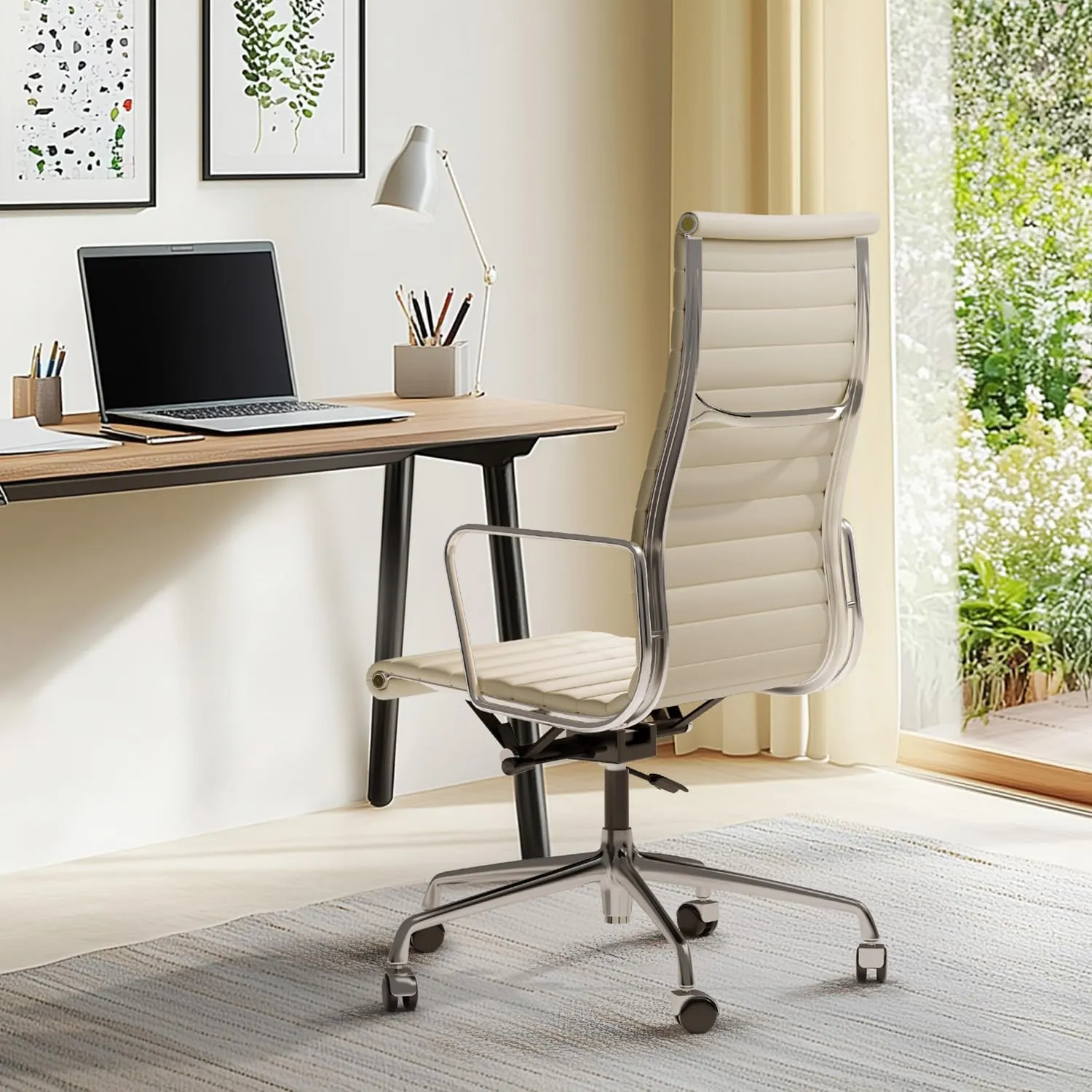 Ribbed Office Chair Top Grain Leather Desk Chair High Back Genuine Leather Swivel Chairs with Aluminum Alloy Arms & Base, with Silent Nylon Wheels, High Adjustable and Tilting Function, Cream
