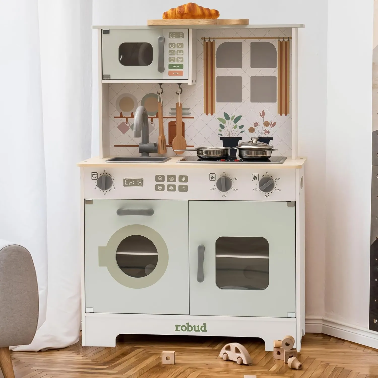 ROBUD Play Kitchen for Kids, Wooden Kids Kitchen Playset with Lights & Sounds, Pots, Cookware, Pretend Kitchen Gift for Boys Girls, Green Modern Look, Age 3 