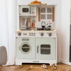 ROBUD Play Kitchen for Kids, Wooden Kids Kitchen Playset with Lights & Sounds, Pots, Cookware, Pretend Kitchen Gift for Boys Girls, Green Modern Look, Age 3 