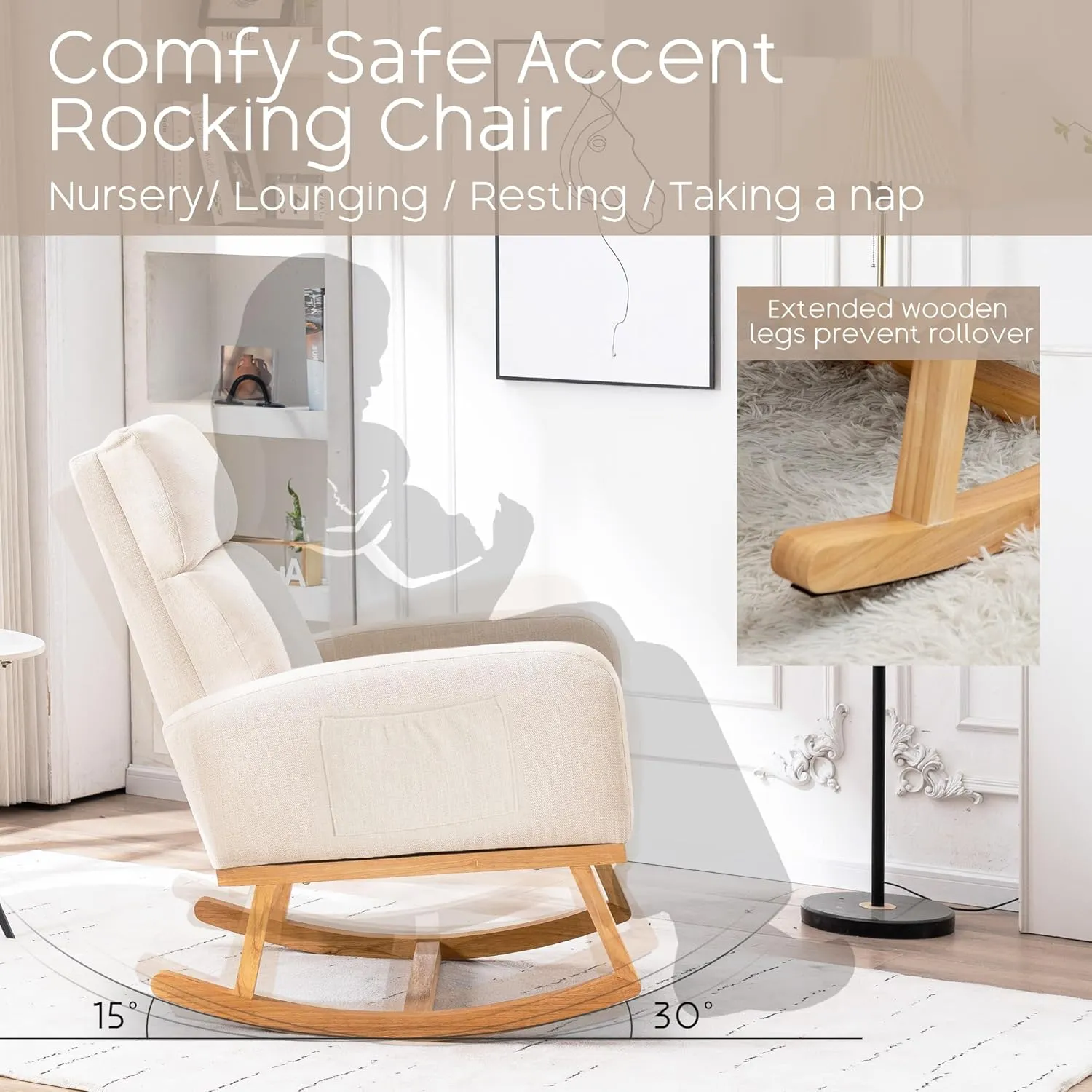 Rocking Chair Nursery - Glider Modern Accent Chairs Upholstered Linen Nursing Rocker Padded Armchair for Indoor Living Room Bedroom Beige