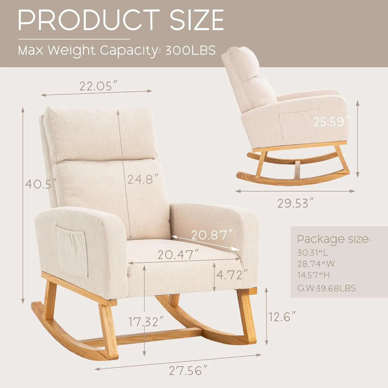 Rocking Chair Nursery - Glider Modern Accent Chairs Upholstered Linen Nursing Rocker Padded Armchair for Indoor Living Room Bedroom Beige