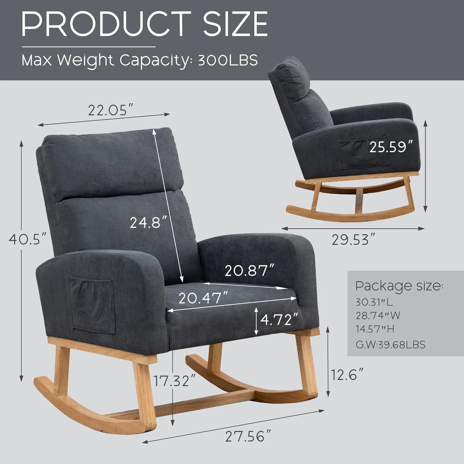 Rocking Chair Nursery - Glider Modern Flannel Accent Rocker Chairs Upholstered Padded Armchair for Indoor Living Room Bedroom Gray