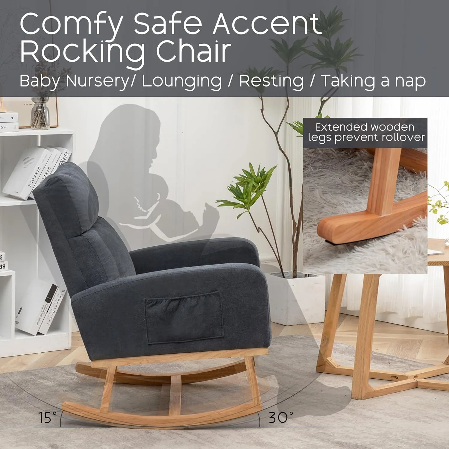 Rocking Chair Nursery - Glider Modern Flannel Accent Rocker Chairs Upholstered Padded Armchair for Indoor Living Room Bedroom Gray