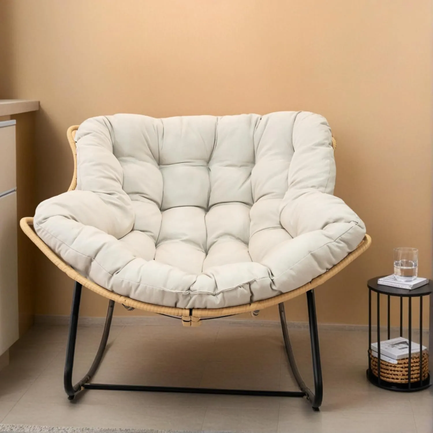 Rocking Chair Outdoor, 450 lbs Oversized Comfy Patio Egg Rocking Chairs, Indoor Papasan Chair, All-Weather Wicker Rocker for Garden, Deck, Living Room (Beige)