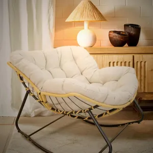 Rocking Chair Outdoor, 450 lbs Oversized Comfy Patio Egg Rocking Chairs, Indoor Papasan Chair, All-Weather Wicker Rocker for Garden, Deck, Living Room (Beige)