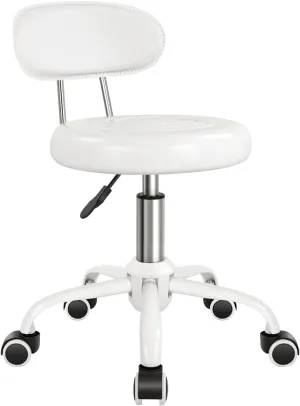 Rolling Stool with Wheels Swivel Stool with Back Height Adjustable Chair PU Leather Rolling stools Ideal for SPA Salon Home Office Drafting Work (White)