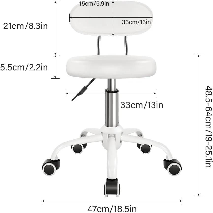 Rolling Stool with Wheels Swivel Stool with Back Height Adjustable Chair PU Leather Rolling stools Ideal for SPA Salon Home Office Drafting Work (White)