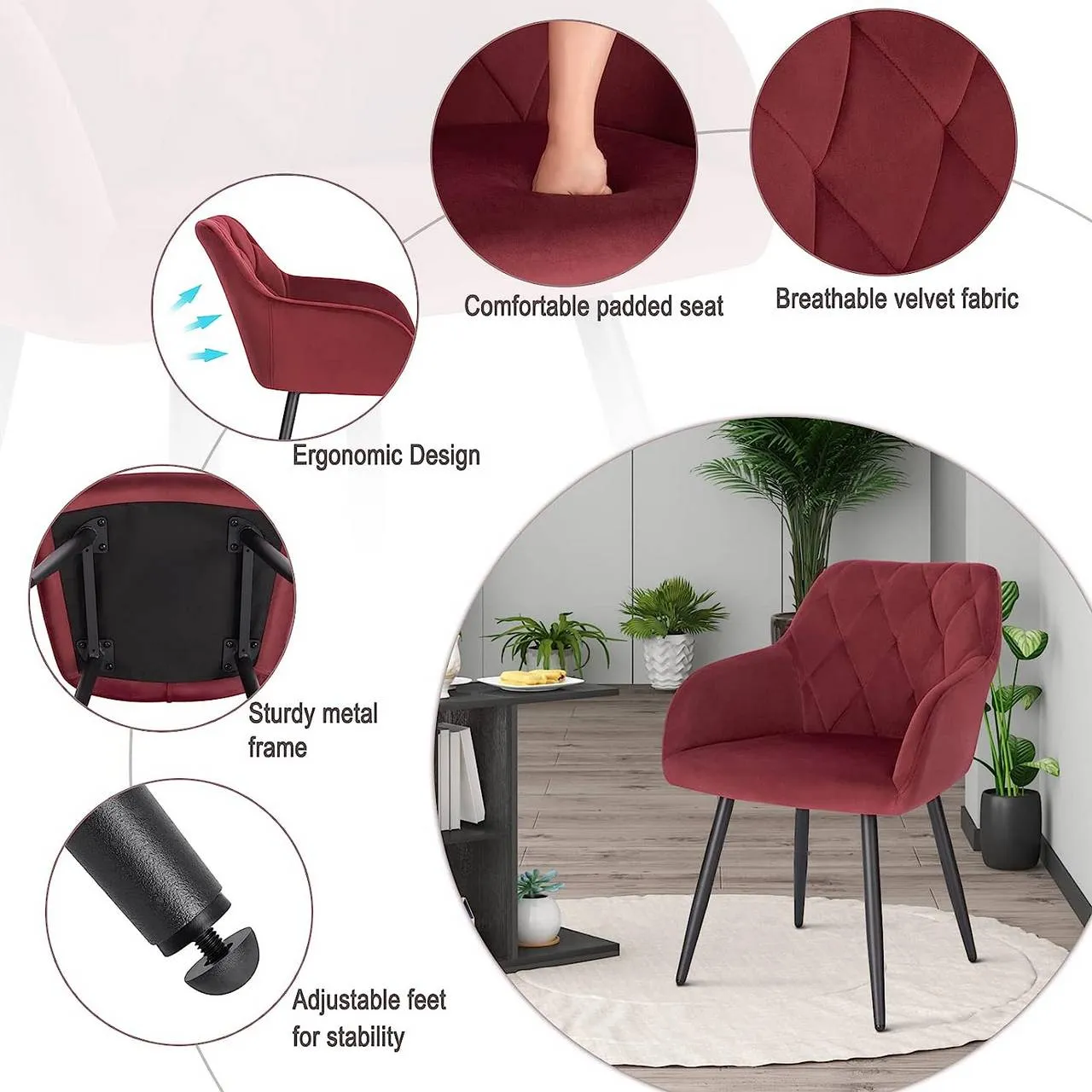 Rootz Dining Chair Set - Modern Seat - Armchair - Ergonomic Design - Velvet Fabric - 44cm x 42.5cm x 46.5cm - Load Capacity 120kg