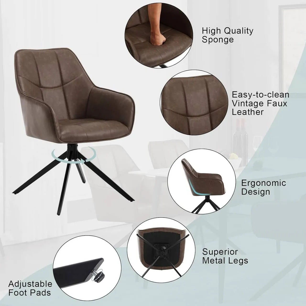 Rootz Dining Chair - Swivel Chair - Padded Seats - Vintage Faux Leather - 58cm x 86cm x 63.5cm