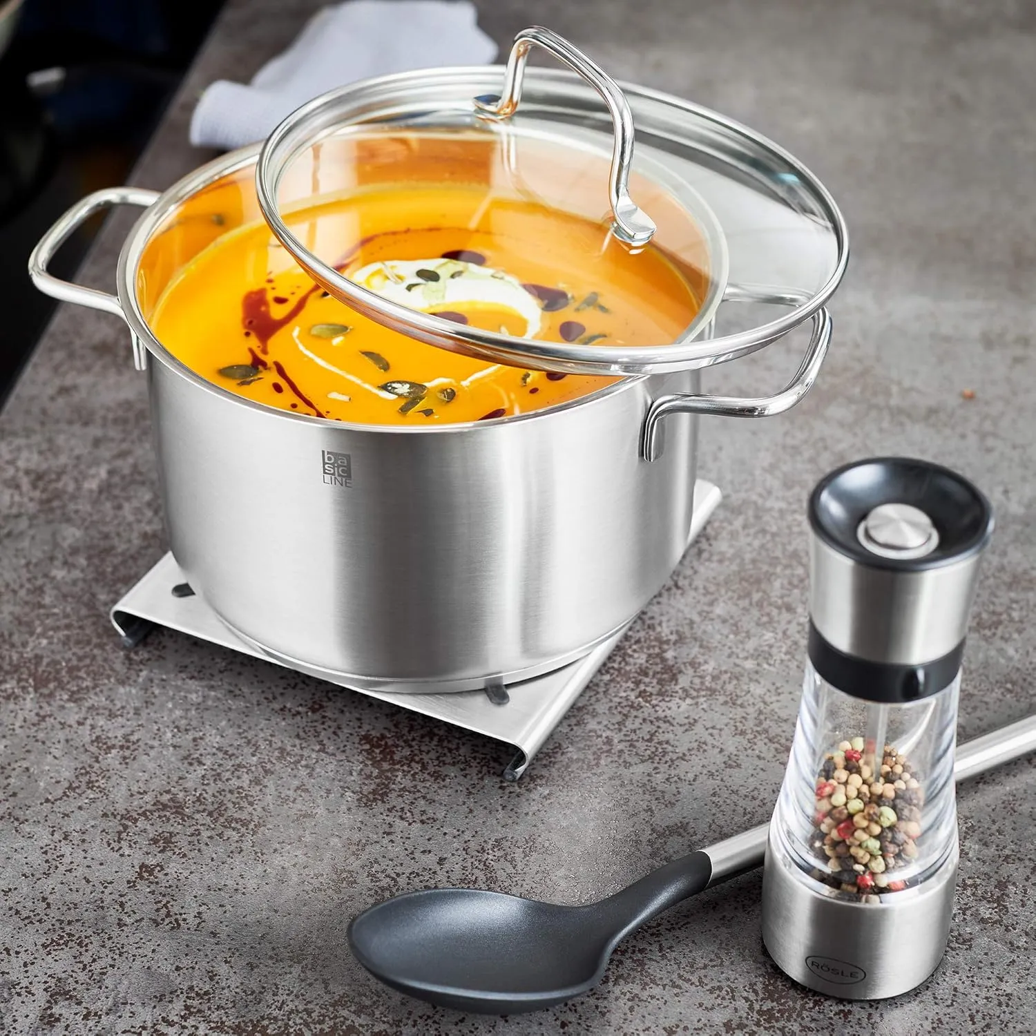 Rosle 13722 Basics Line Stainless Steel High Casserole 2.6 Quart Soup Pot with Glass Lid, 8in