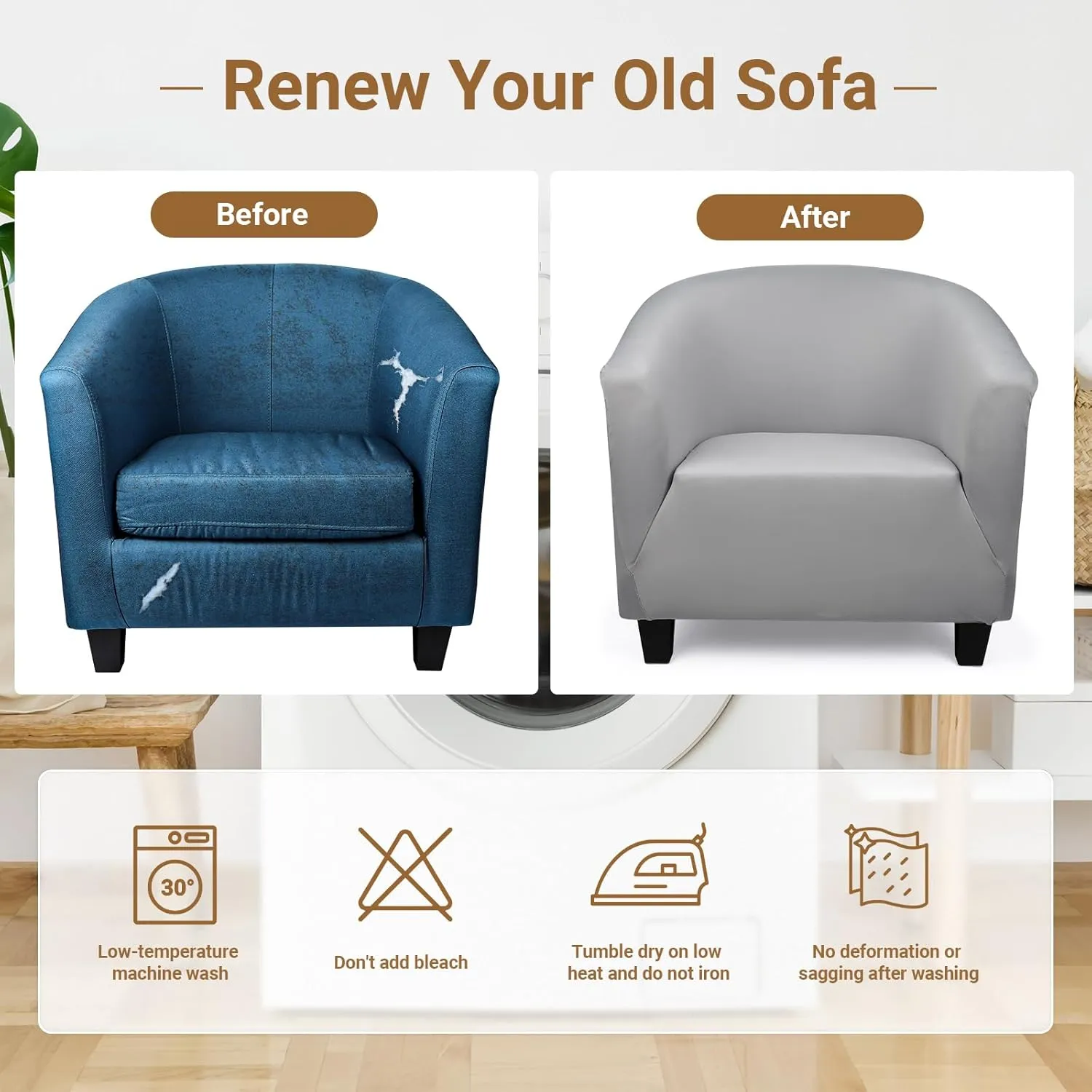 Round Back Chair Covers, Club Tub Chair Cover, 2 Pack Grey Barrel Chair Covers Slipcover 1 Piece, Sofa Chair Cover Armchair Removable Couch Furniture Protector for Bar Living Room Bedroom