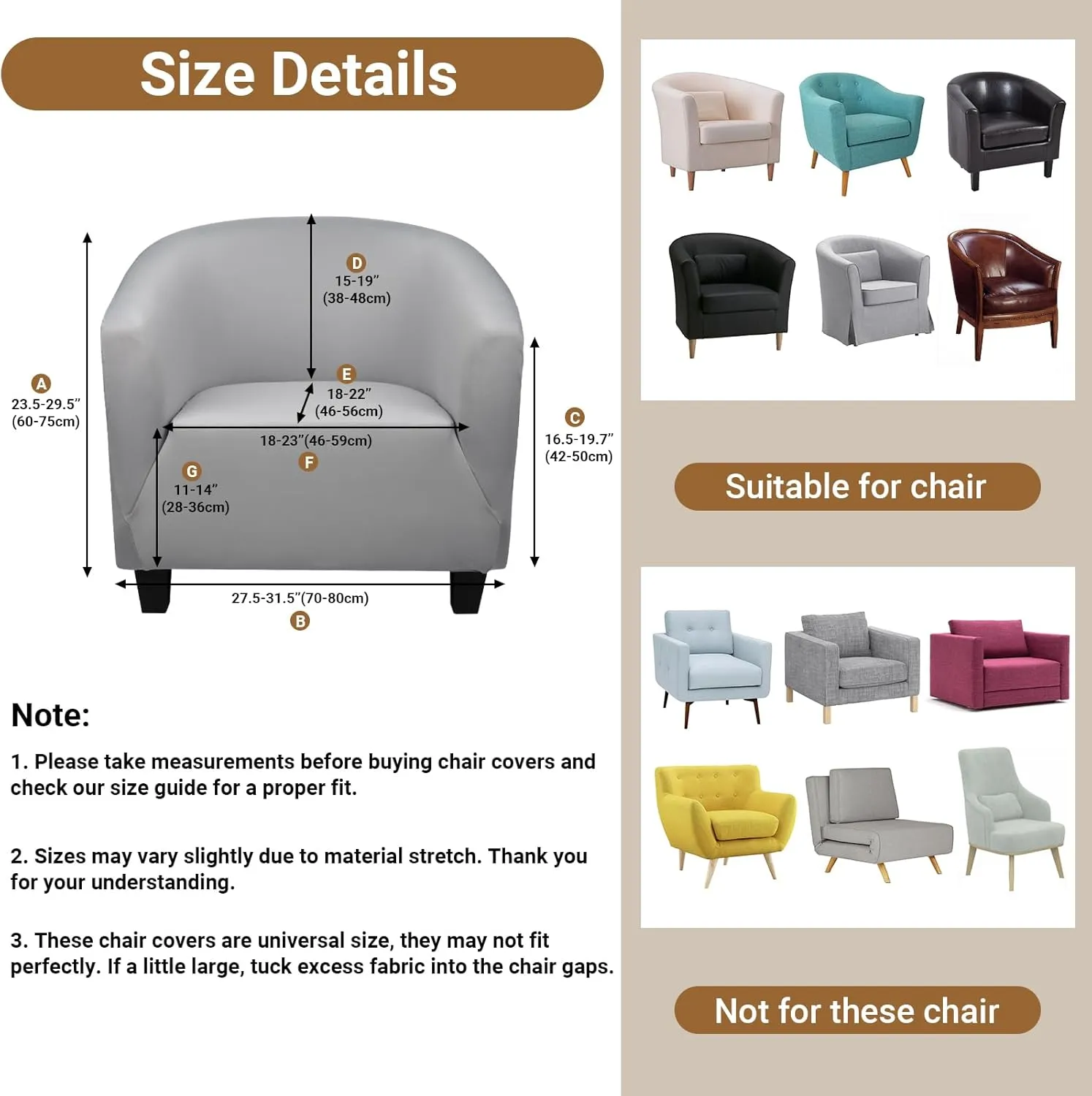 Round Back Chair Covers, Club Tub Chair Cover, 2 Pack Grey Barrel Chair Covers Slipcover 1 Piece, Sofa Chair Cover Armchair Removable Couch Furniture Protector for Bar Living Room Bedroom