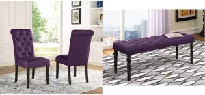 Roundhill Furniture Leviton Solid Wood Tufted Parsons Dining Chairs, Set of 2, Purple & Leviton Fabric Tufted Turned Leg Dining Bench, One size, Purple