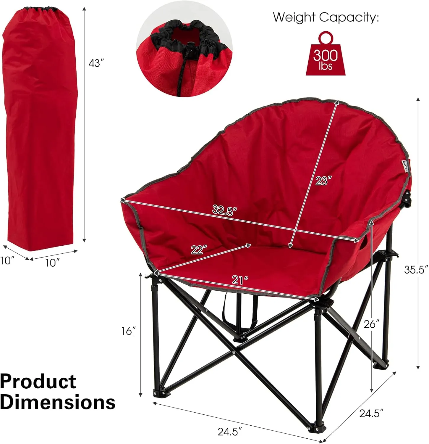 S AFSTAR 2 Packs Oversized Camping Chair, Cushion Padded Moon Round Saucer Chair w/Cup Holder & Carry Bag, Portable Camp Chair, Outdoor Folding Chair for Patio Beach Picnic, No Assembly Required (Red)
