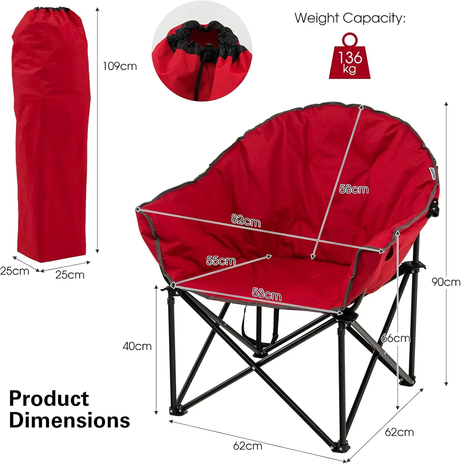 S AFSTAR 2 Packs Oversized Camping Chair, Cushion Padded Moon Round Saucer Chair w/Cup Holder & Carry Bag, Portable Camp Chair, Outdoor Folding Chair for Patio Beach Picnic, No Assembly Required (Red)