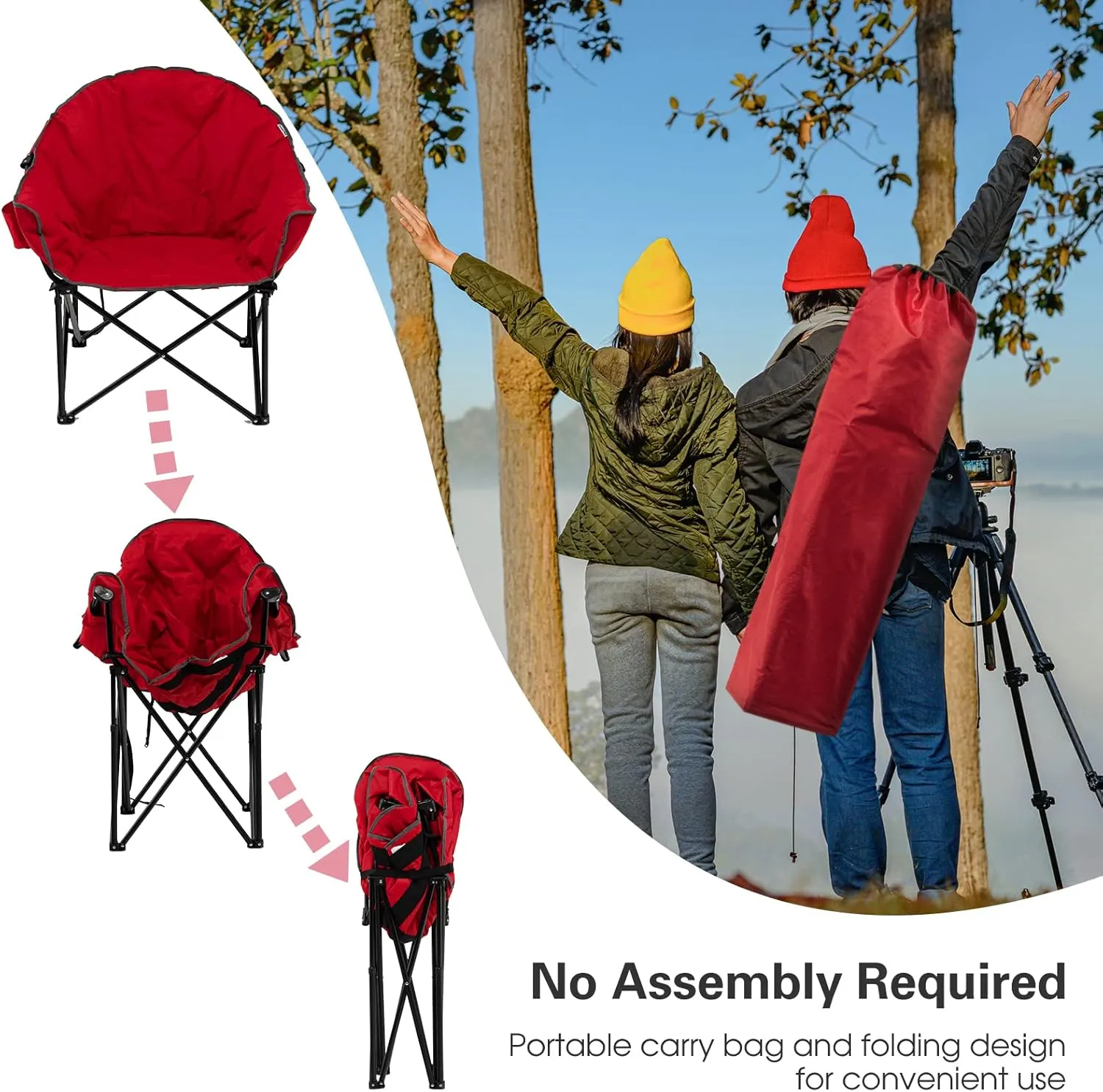 S AFSTAR 2 Packs Oversized Camping Chair, Cushion Padded Moon Round Saucer Chair w/Cup Holder & Carry Bag, Portable Camp Chair, Outdoor Folding Chair for Patio Beach Picnic, No Assembly Required (Red)