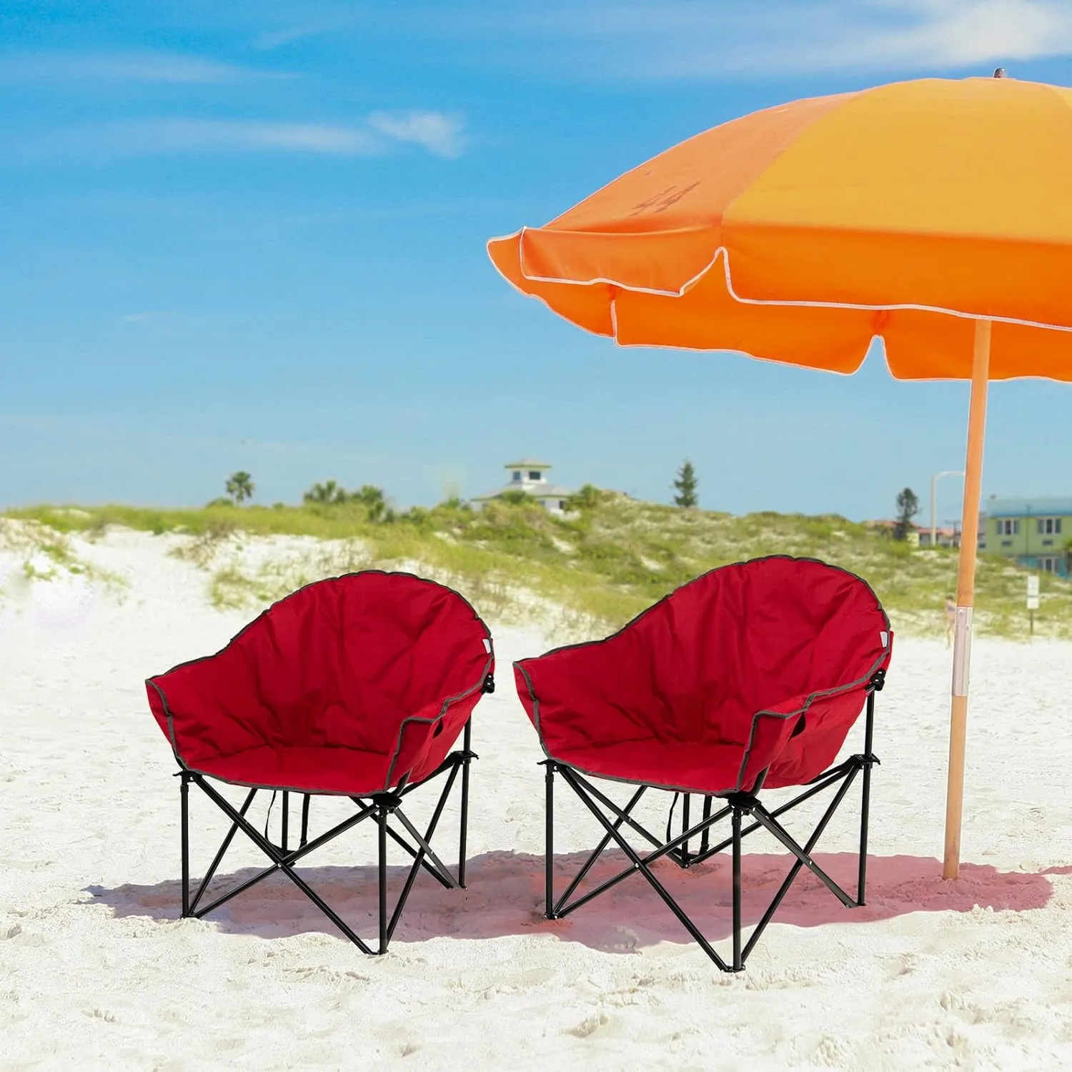 S AFSTAR 2 Packs Oversized Camping Chair, Cushion Padded Moon Round Saucer Chair w/Cup Holder & Carry Bag, Portable Camp Chair, Outdoor Folding Chair for Patio Beach Picnic, No Assembly Required (Red)