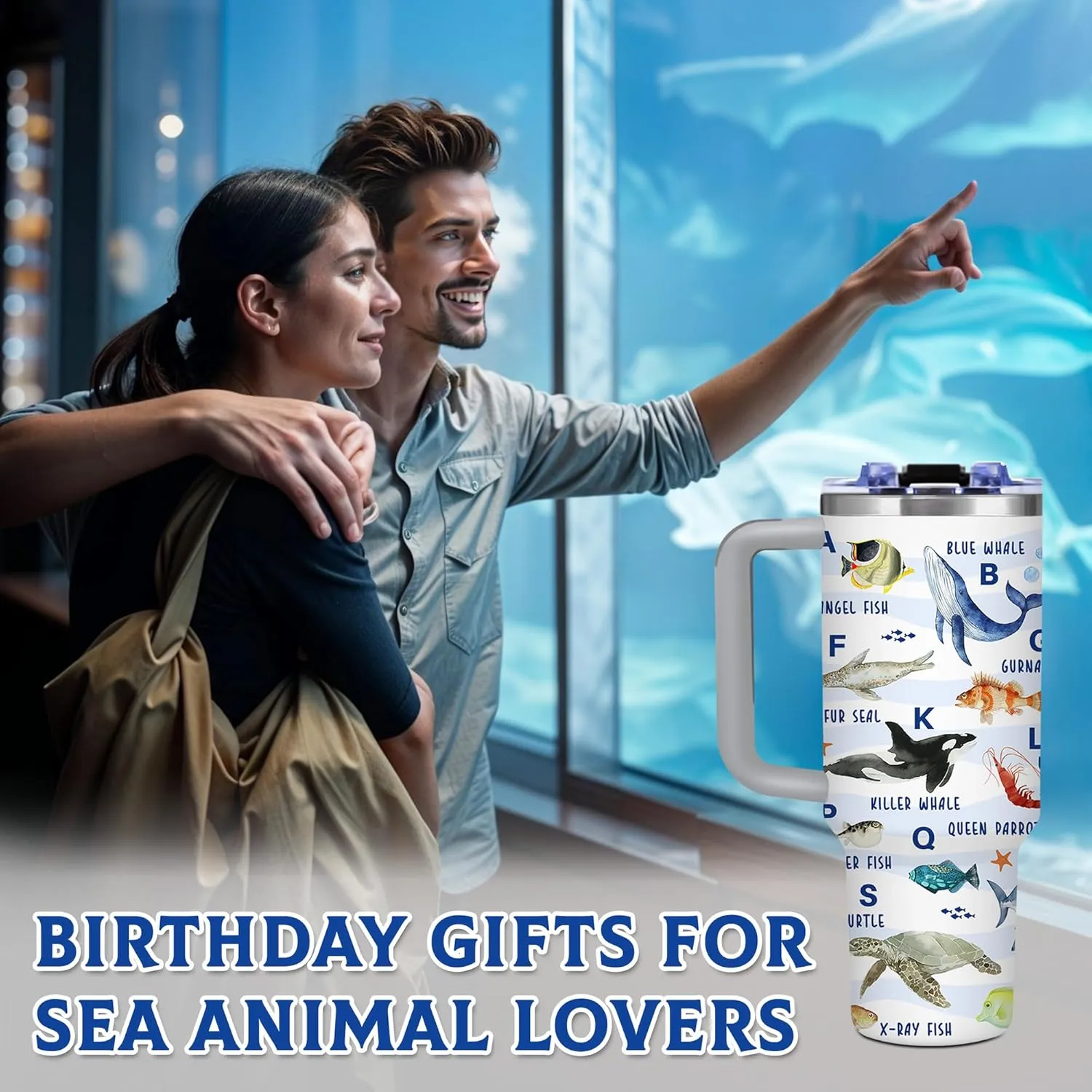 Sea Animal Tumbler Gifts for Women, Sea Animal Lovers, Girls, Men, 40 oz Tumbler with Handle and Straw, Sea Theme Coffee Cup Travel Mug Water Bottle, Sea Animal Stuff Thing