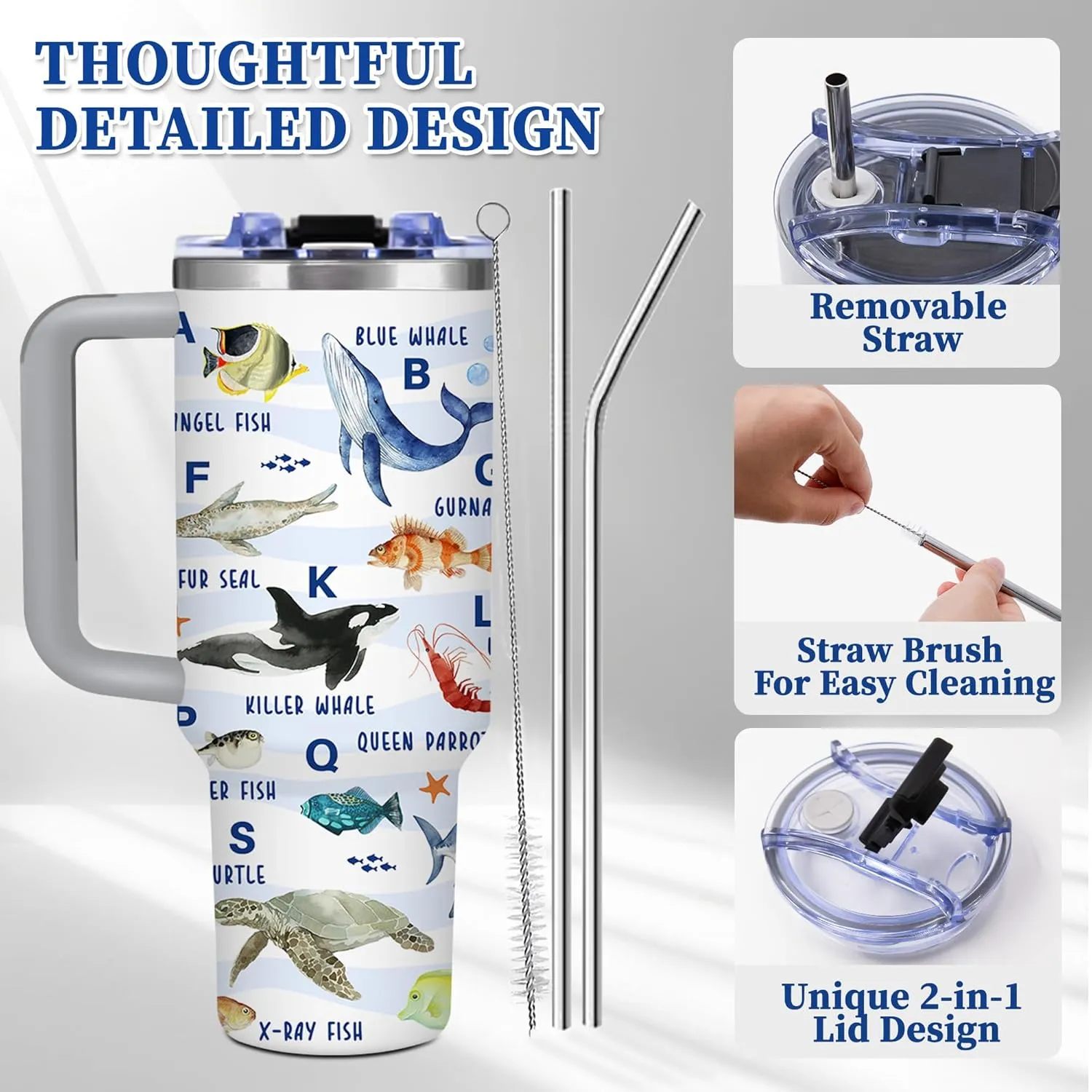 Sea Animal Tumbler Gifts for Women, Sea Animal Lovers, Girls, Men, 40 oz Tumbler with Handle and Straw, Sea Theme Coffee Cup Travel Mug Water Bottle, Sea Animal Stuff Thing