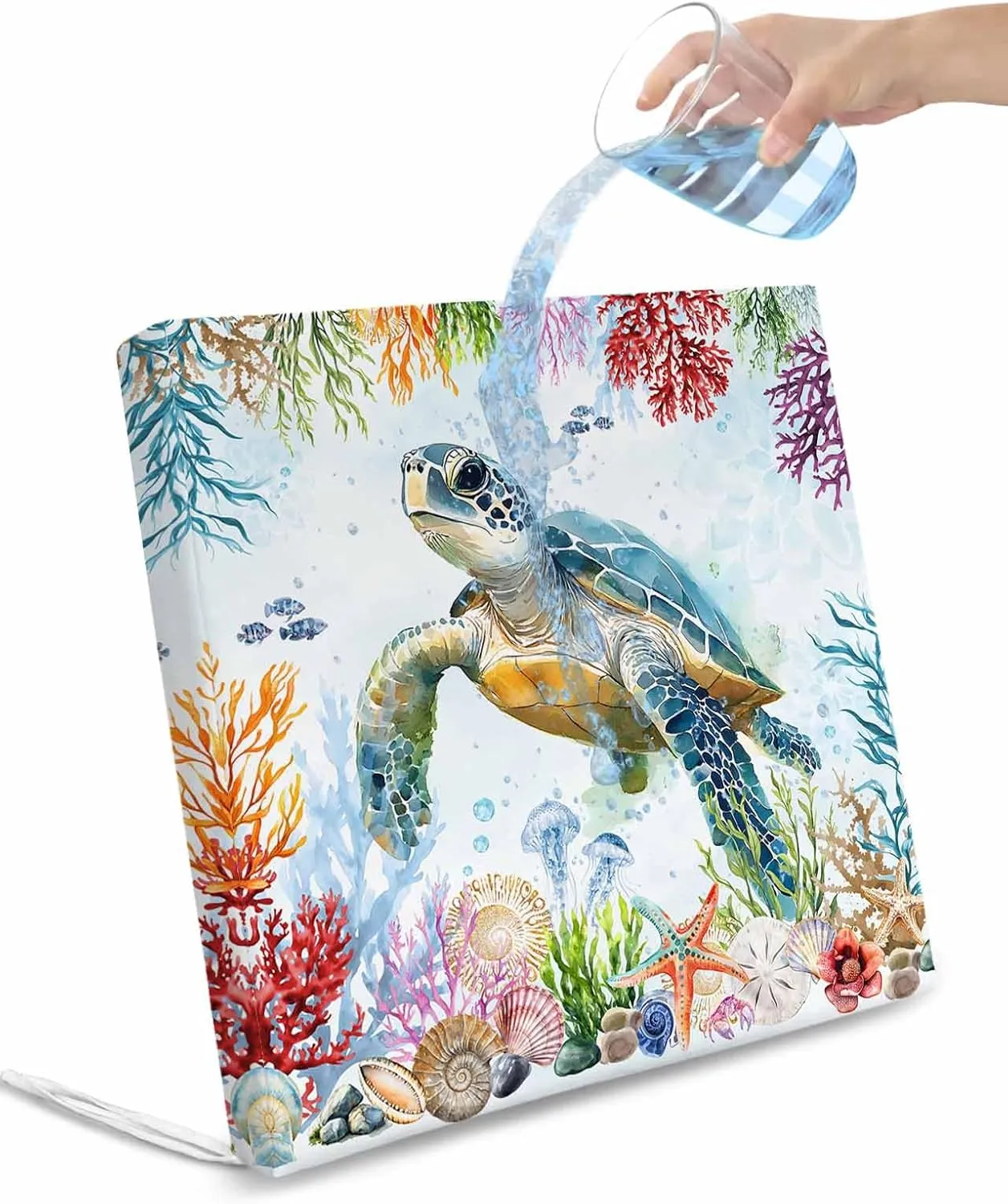 Sea Turtle Coastal Outdoor Cushion Chair Cover Set of 4 - Waterproof Couch Seat Covers, Blue Nautical Summer Beach Ocean Patio Furniture Protector Cushions Slipcovers for Sofa/RV, 22"x22"x4"