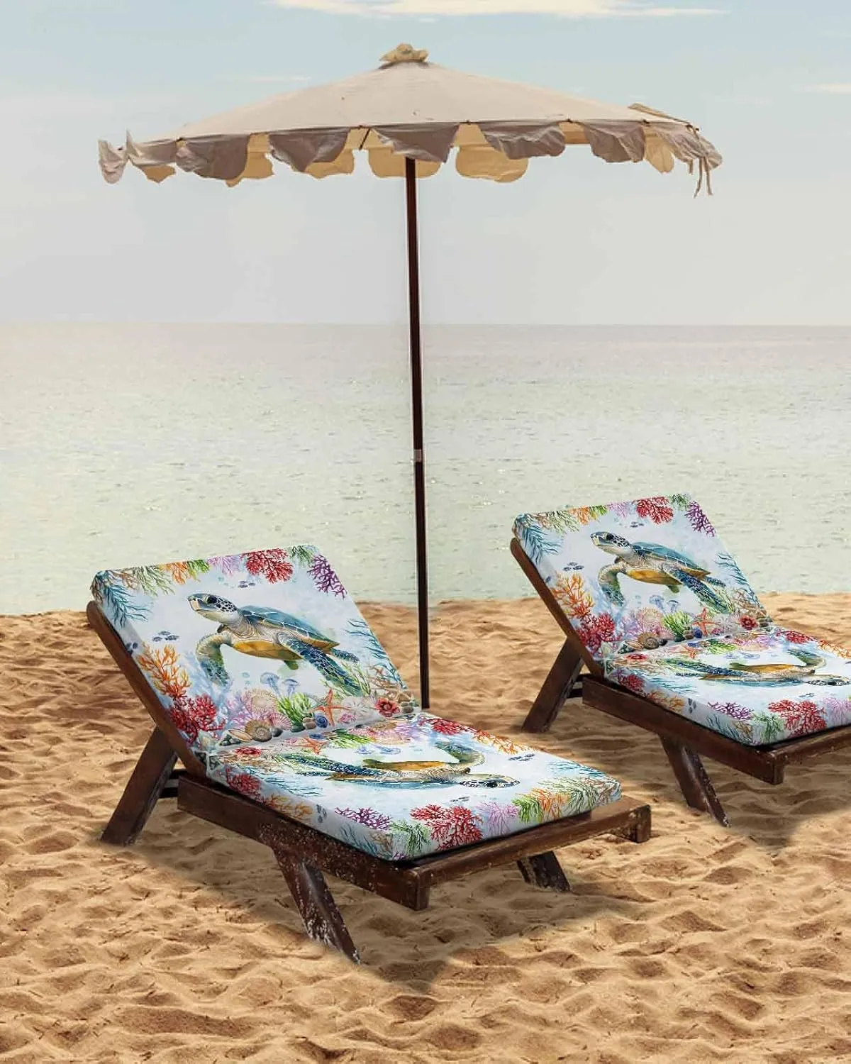 Sea Turtle Coastal Outdoor Cushion Chair Cover Set of 4 - Waterproof Couch Seat Covers, Blue Nautical Summer Beach Ocean Patio Furniture Protector Cushions Slipcovers for Sofa/RV, 22"x22"x4"