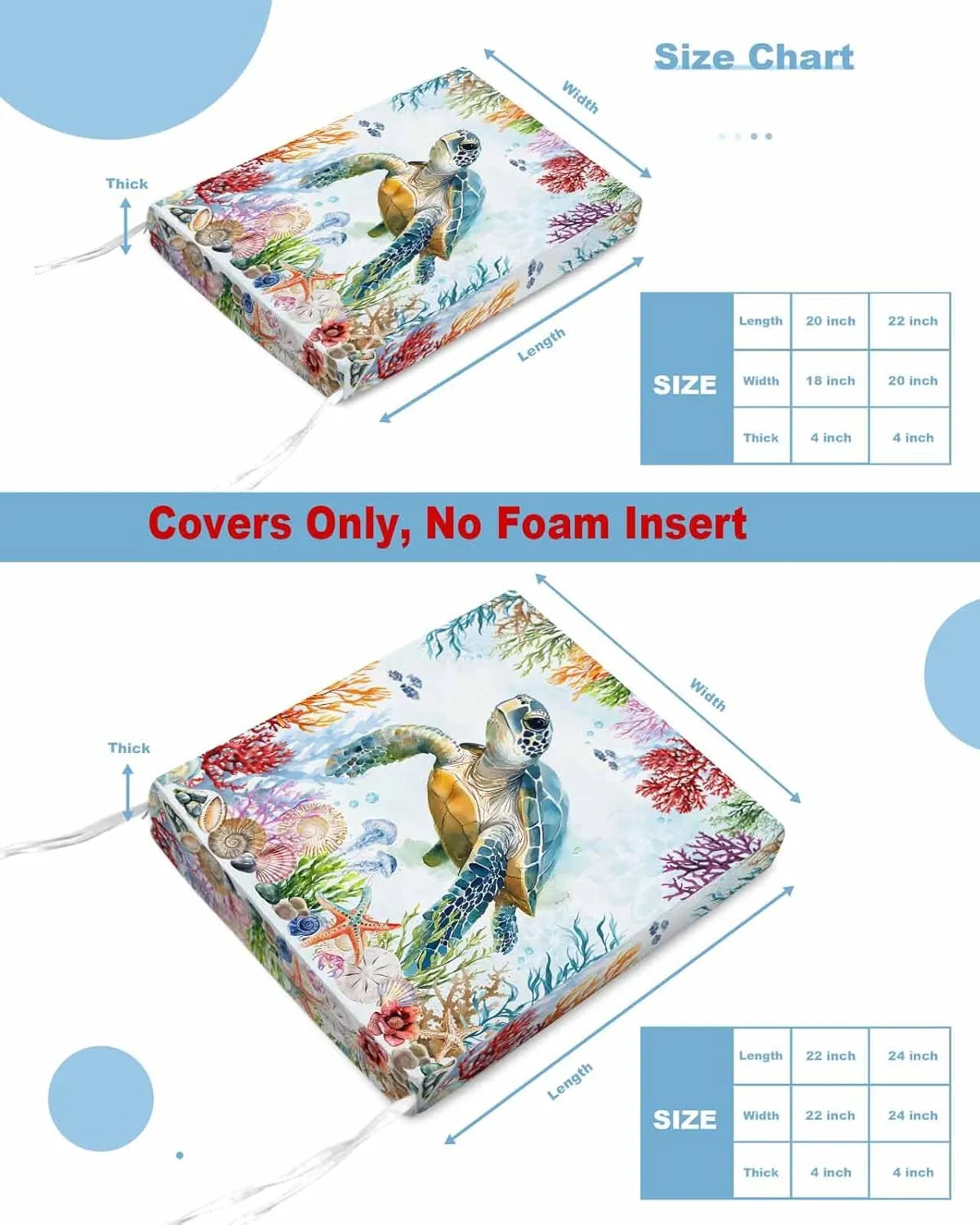 Sea Turtle Coastal Outdoor Cushion Chair Cover Set of 4 - Waterproof Couch Seat Covers, Blue Nautical Summer Beach Ocean Patio Furniture Protector Cushions Slipcovers for Sofa/RV, 22"x22"x4"