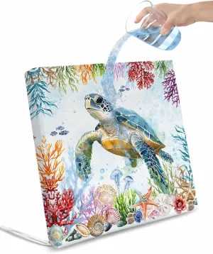Sea Turtle Coastal Outdoor Cushion Chair Cover Set of 4 - Waterproof Couch Seat Covers, Blue Nautical Summer Beach Ocean Patio Furniture Protector Cushions Slipcovers for Sofa/RV, 22"x22"x4"