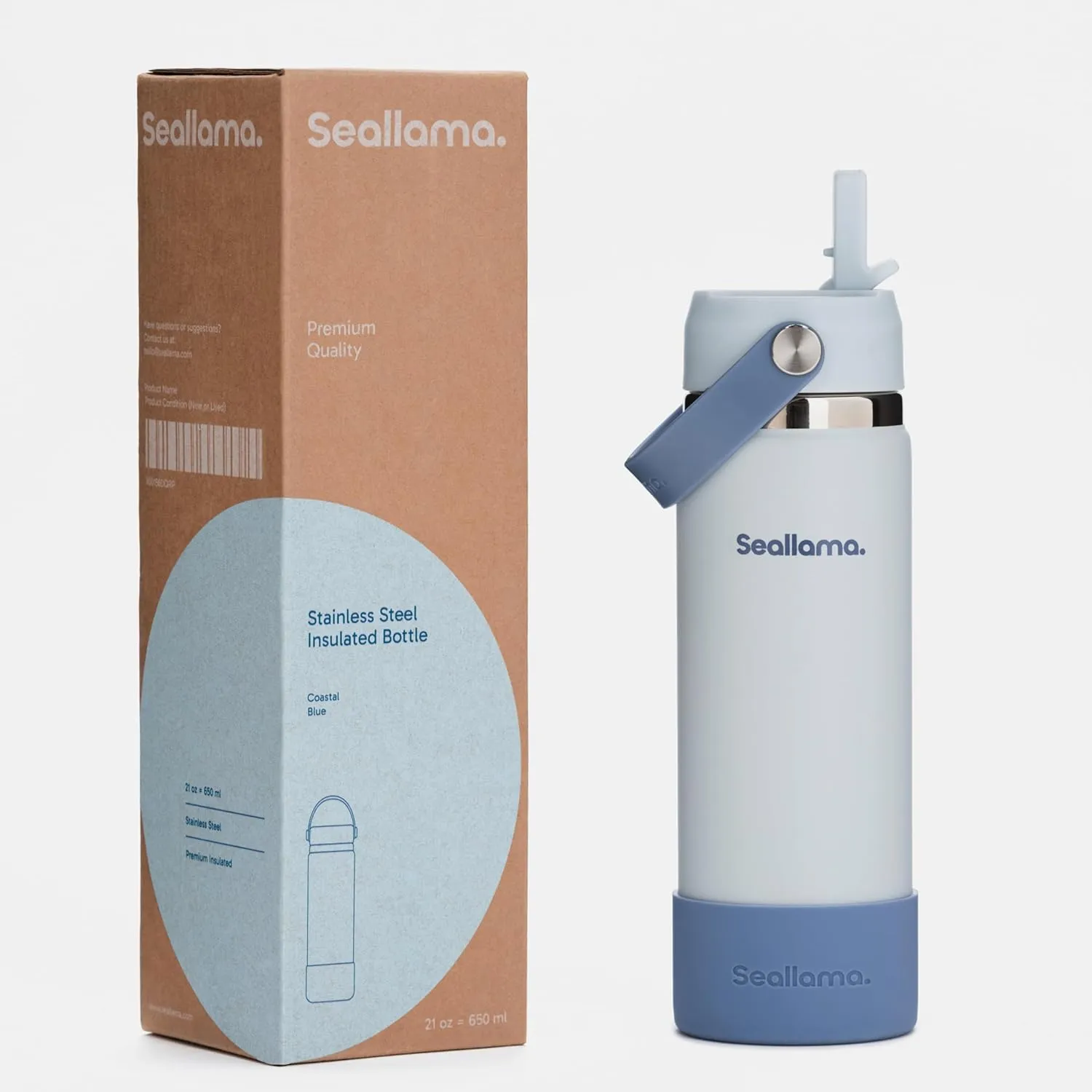 Seallama. Stainless Steel Wide Mouth Water Bottle - 2 Lids (Flex Straw Lid) and Double-Wall Vacuum Insulation - Leak Proof, BPA-Free, for Travel, Sports, School, and Car (Coastal Blue, 21 oz)