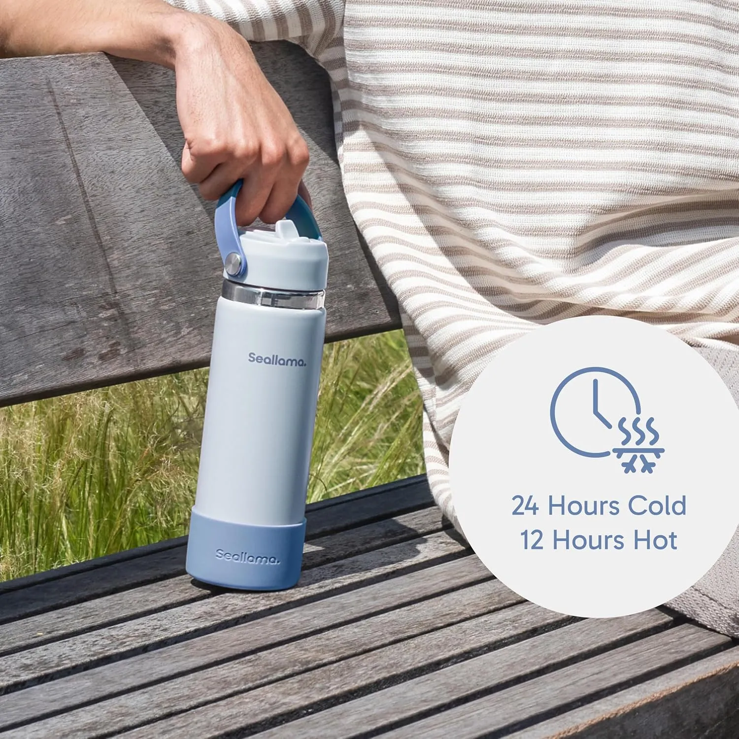 Seallama. Stainless Steel Wide Mouth Water Bottle - 2 Lids (Flex Straw Lid) and Double-Wall Vacuum Insulation - Leak Proof, BPA-Free, for Travel, Sports, School, and Car (Coastal Blue, 21 oz)