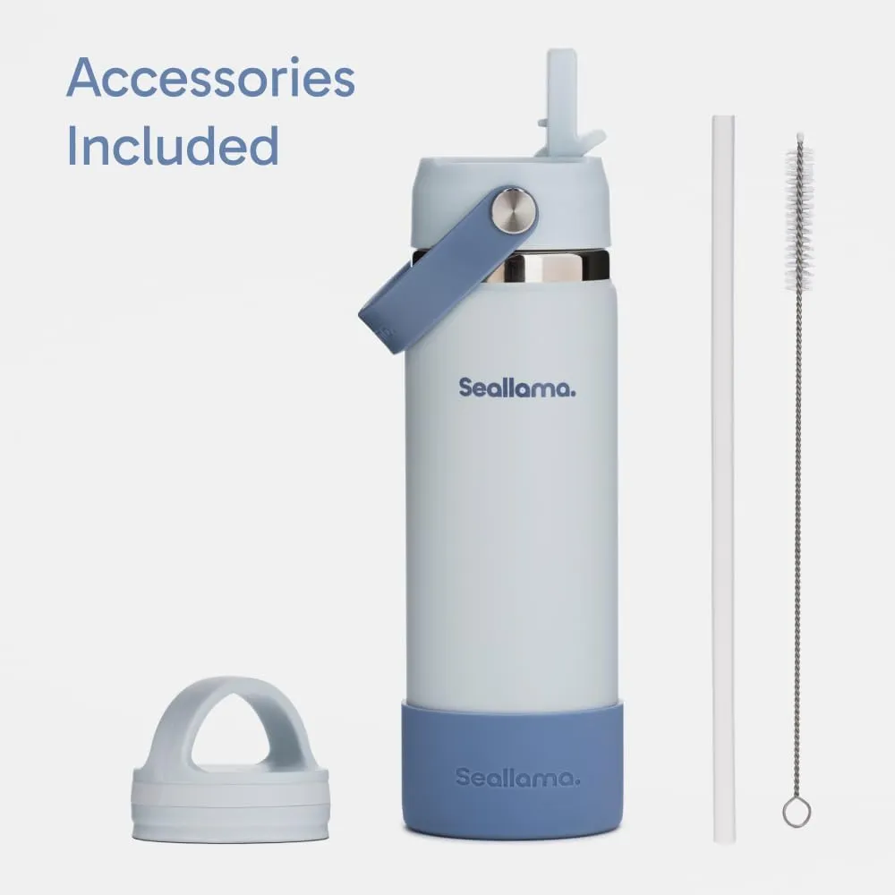 Seallama. Stainless Steel Wide Mouth Water Bottle - 2 Lids (Flex Straw Lid) and Double-Wall Vacuum Insulation - Leak Proof, BPA-Free, for Travel, Sports, School, and Car (Coastal Blue, 21 oz)