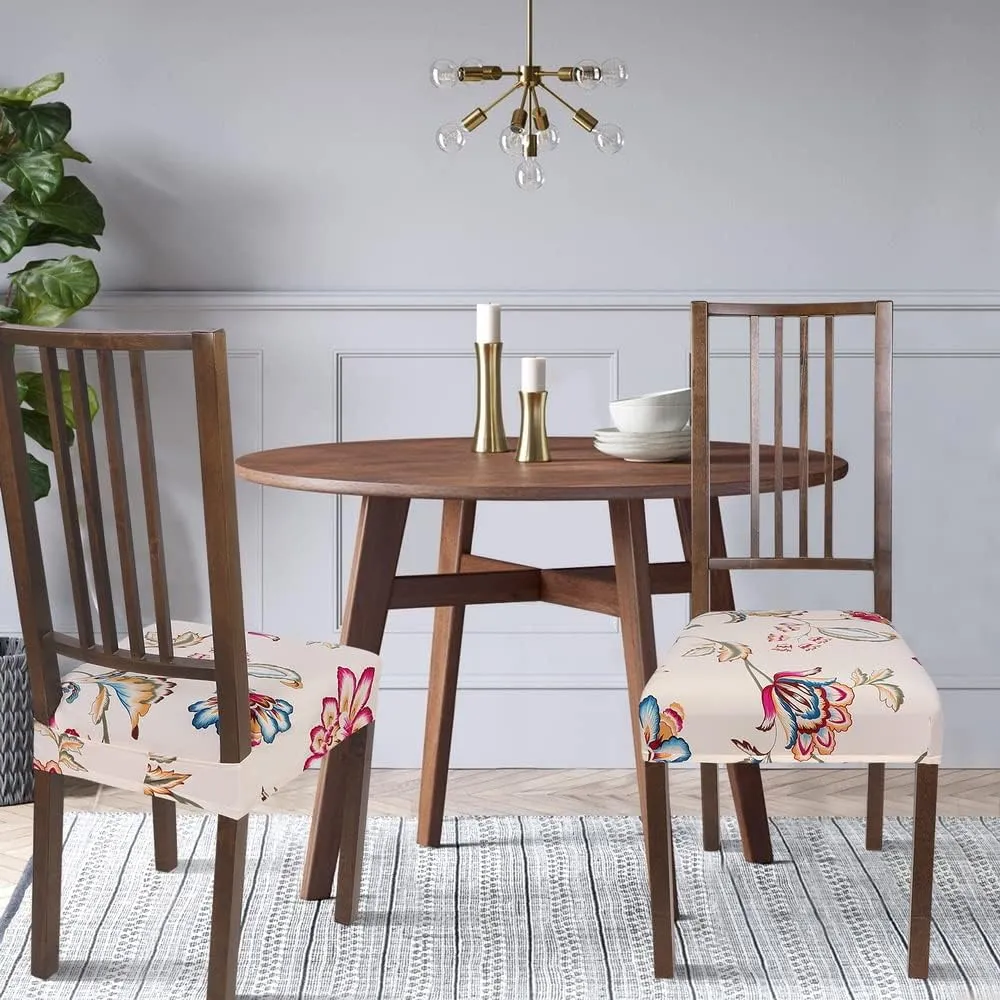 SearchI Water Repellent Dining Chair Seat Covers Set of 6, Washable Stretch Seat Covers for Dining Chairs, Rear-Covered Dining Room Seat Cover Protector(Beige Red Flower)