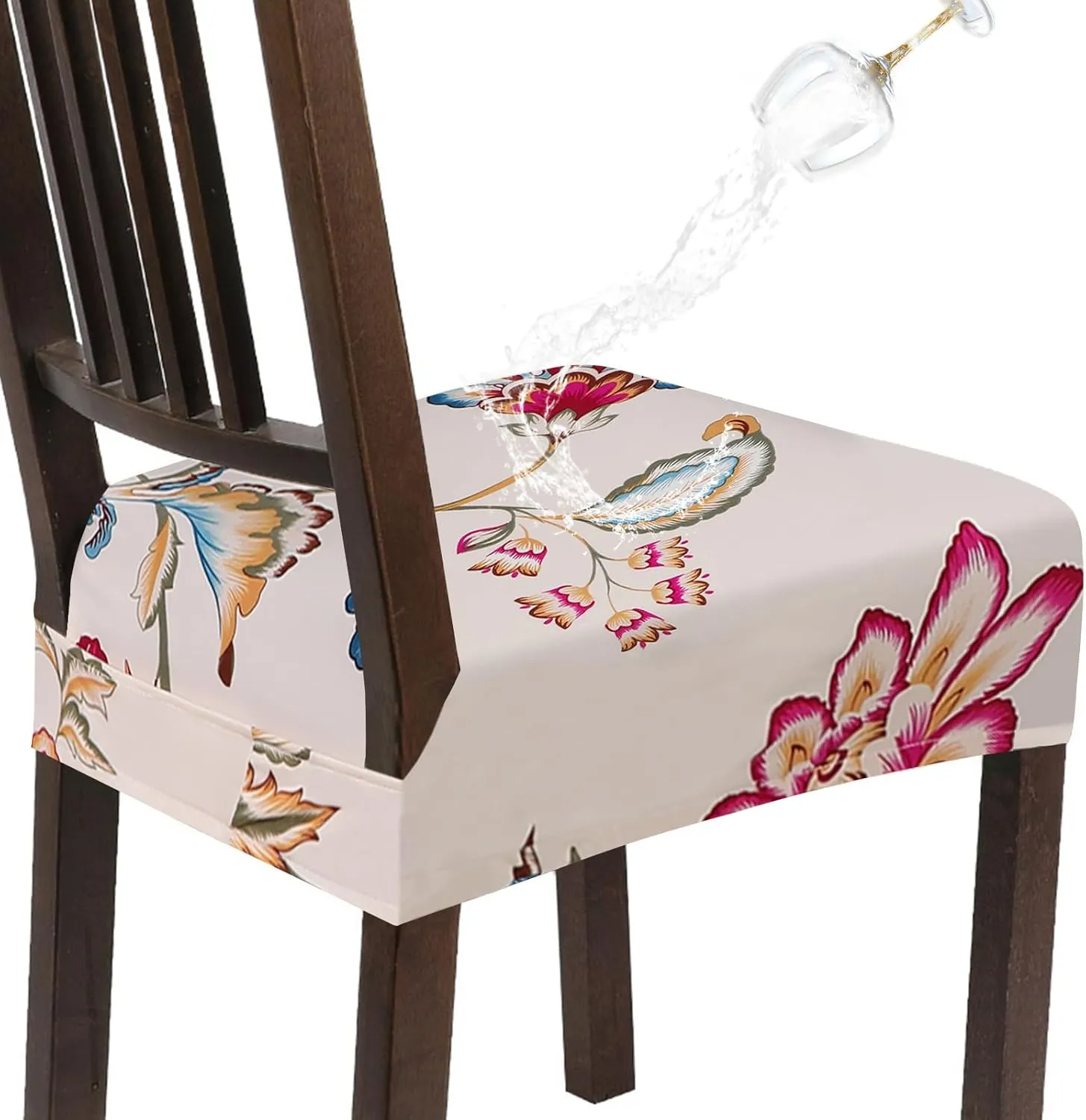 SearchI Water Repellent Dining Chair Seat Covers Set of 6, Washable Stretch Seat Covers for Dining Chairs, Rear-Covered Dining Room Seat Cover Protector(Beige Red Flower)