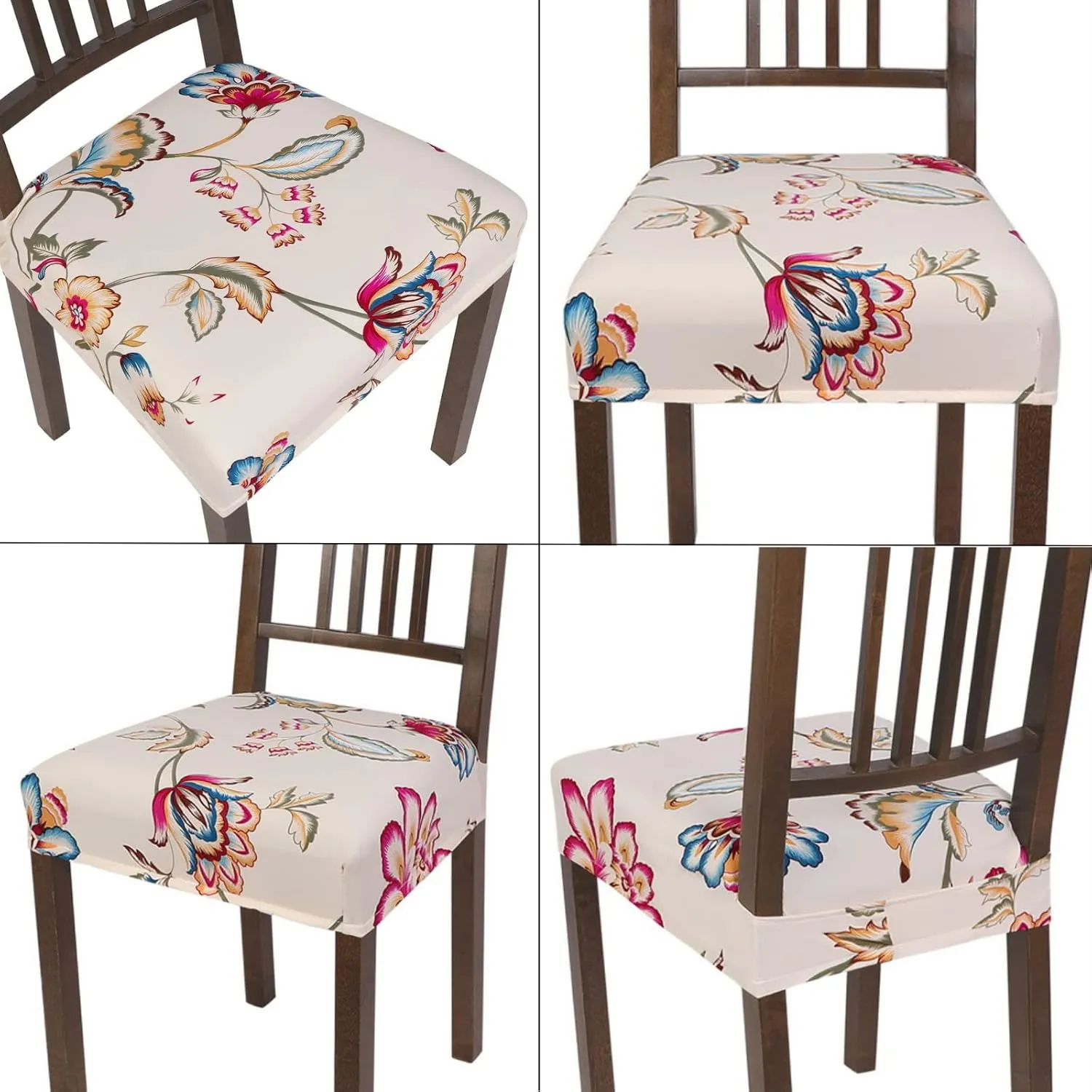 SearchI Water Repellent Dining Chair Seat Covers Set of 6, Washable Stretch Seat Covers for Dining Chairs, Rear-Covered Dining Room Seat Cover Protector(Beige Red Flower)