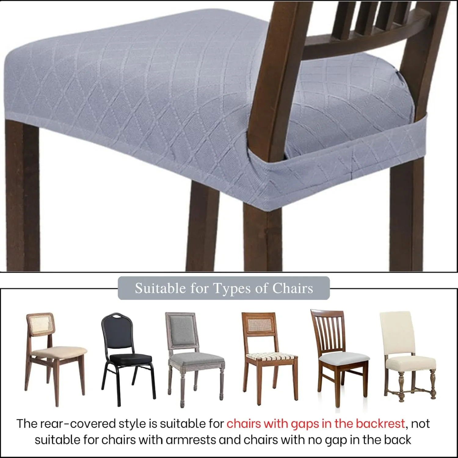 SearchI Water Repellent Dining Chair Seat Covers Set of 6, Washable Stretch Seat Covers for Dining Chairs, Rear-Covered Dining Room Seat Cover Protector(Check Light Grey)