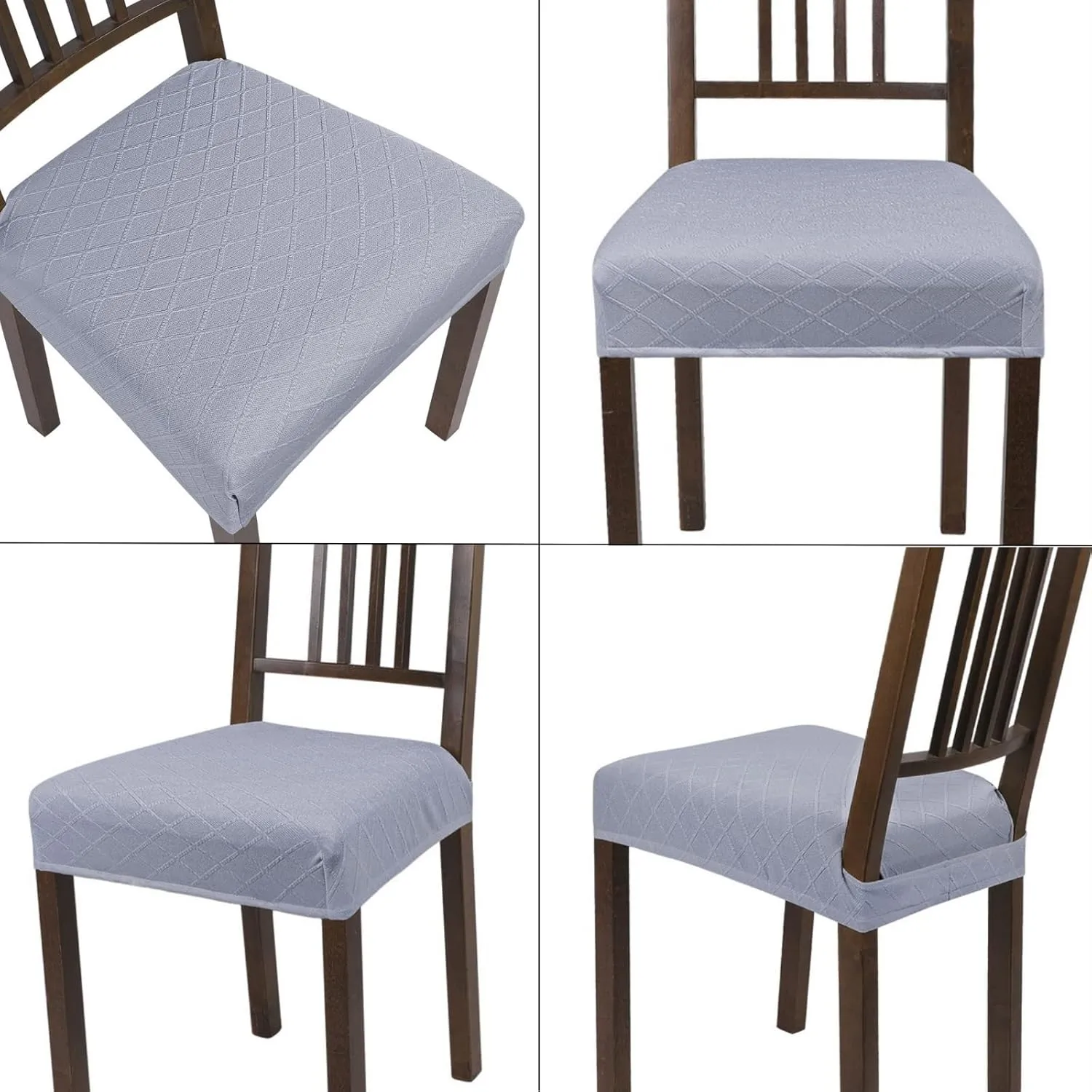 SearchI Water Repellent Dining Chair Seat Covers Set of 6, Washable Stretch Seat Covers for Dining Chairs, Rear-Covered Dining Room Seat Cover Protector(Check Light Grey)