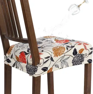 SearchI Water Repellent Dining Chair Seat Covers Set of 6, Washable Stretch Seat Covers for Dining Chairs, Rear-Covered Dining Room Seat Cover Protector(Orange Flower)