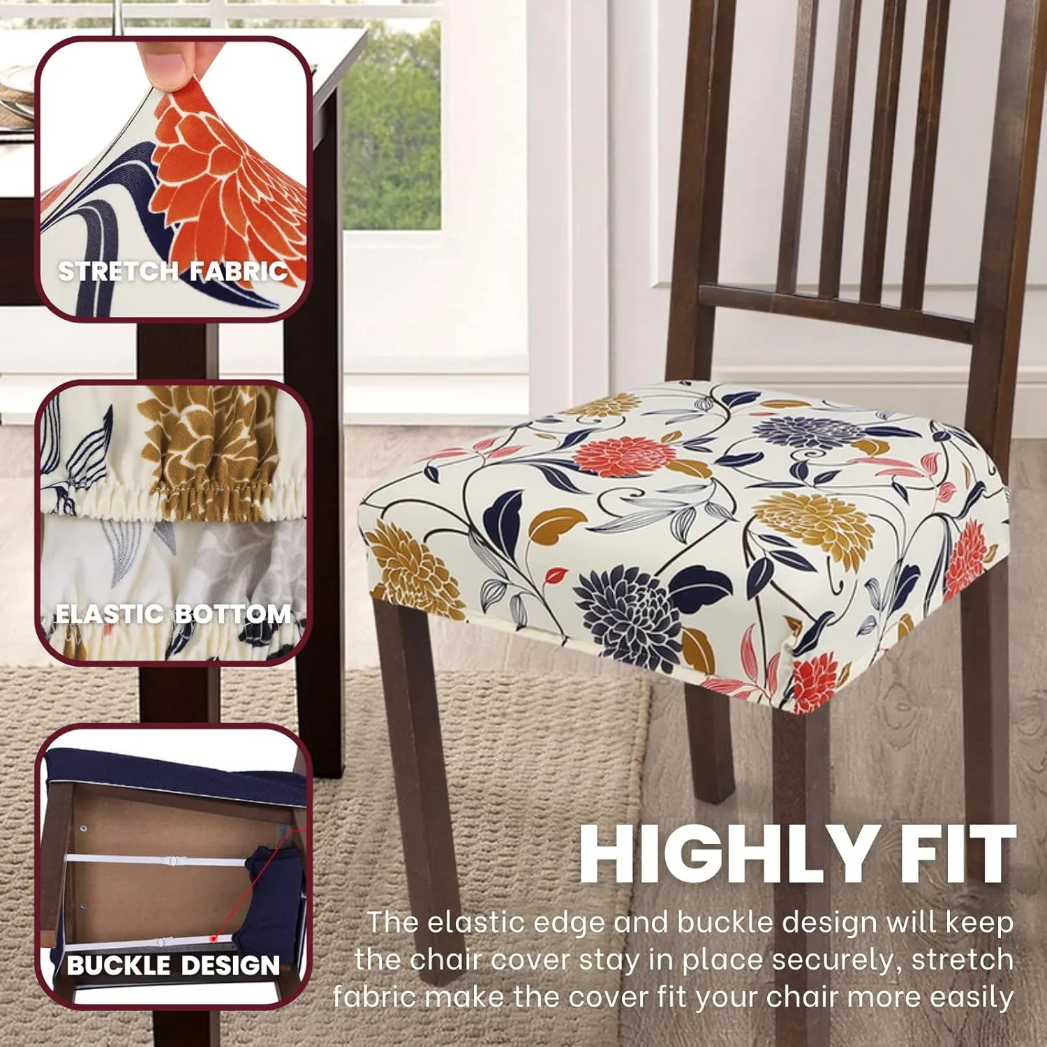 SearchI Water Repellent Dining Chair Seat Covers Set of 6, Washable Stretch Seat Covers for Dining Chairs, Rear-Covered Dining Room Seat Cover Protector(Orange Flower)