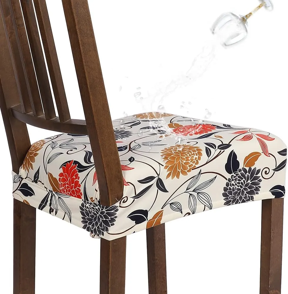 SearchI Water Repellent Dining Chair Seat Covers Set of 6, Washable Stretch Seat Covers for Dining Chairs, Rear-Covered Dining Room Seat Cover Protector(Orange Flower)