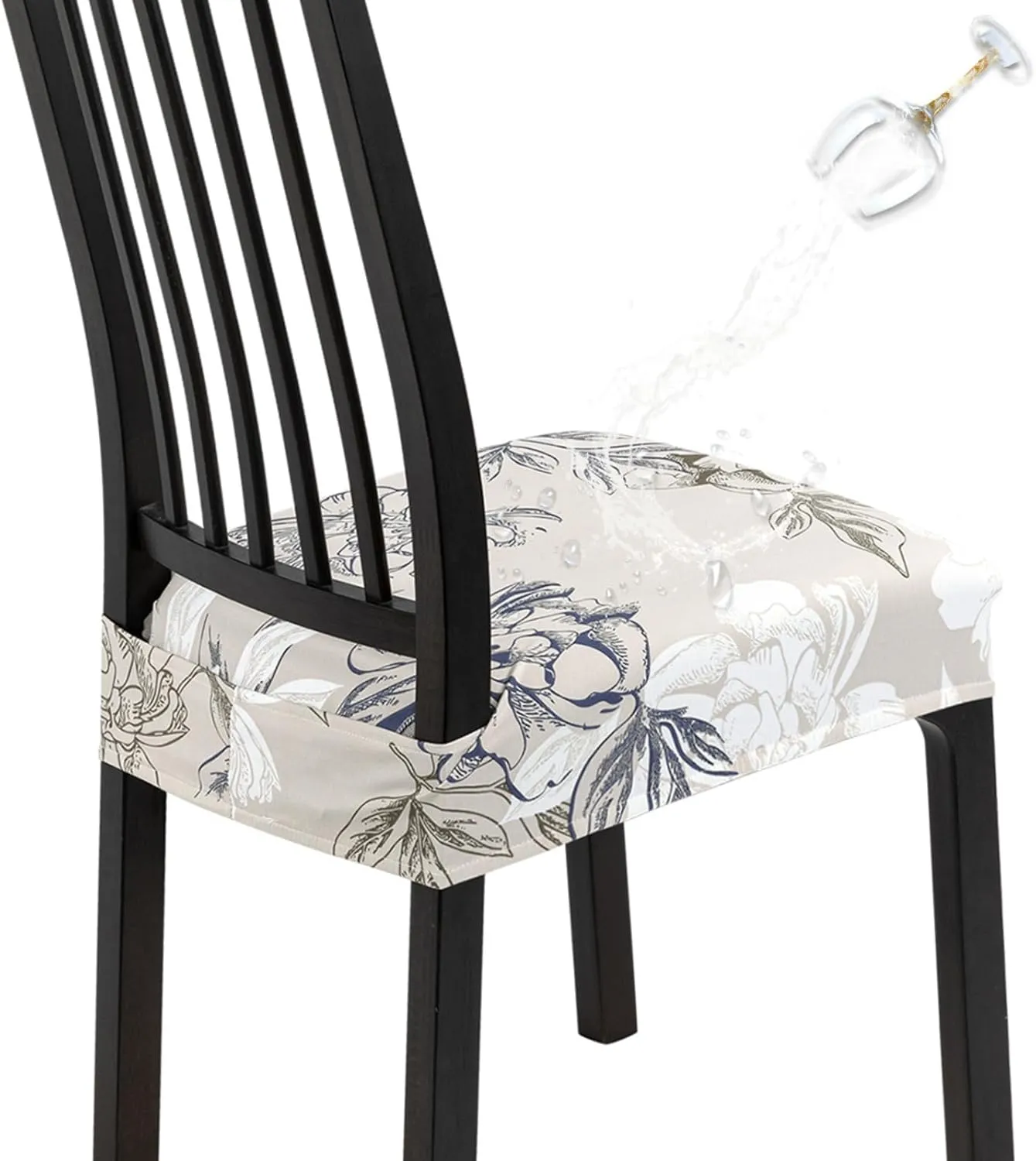 SearchI Waterproof Dining Chair Seat Covers Set of 6, Washable Stretch Seat Covers for Dining Chairs, Dining Room Seat Cover Protector (Rear-Covered, Brown and Blue Flower)