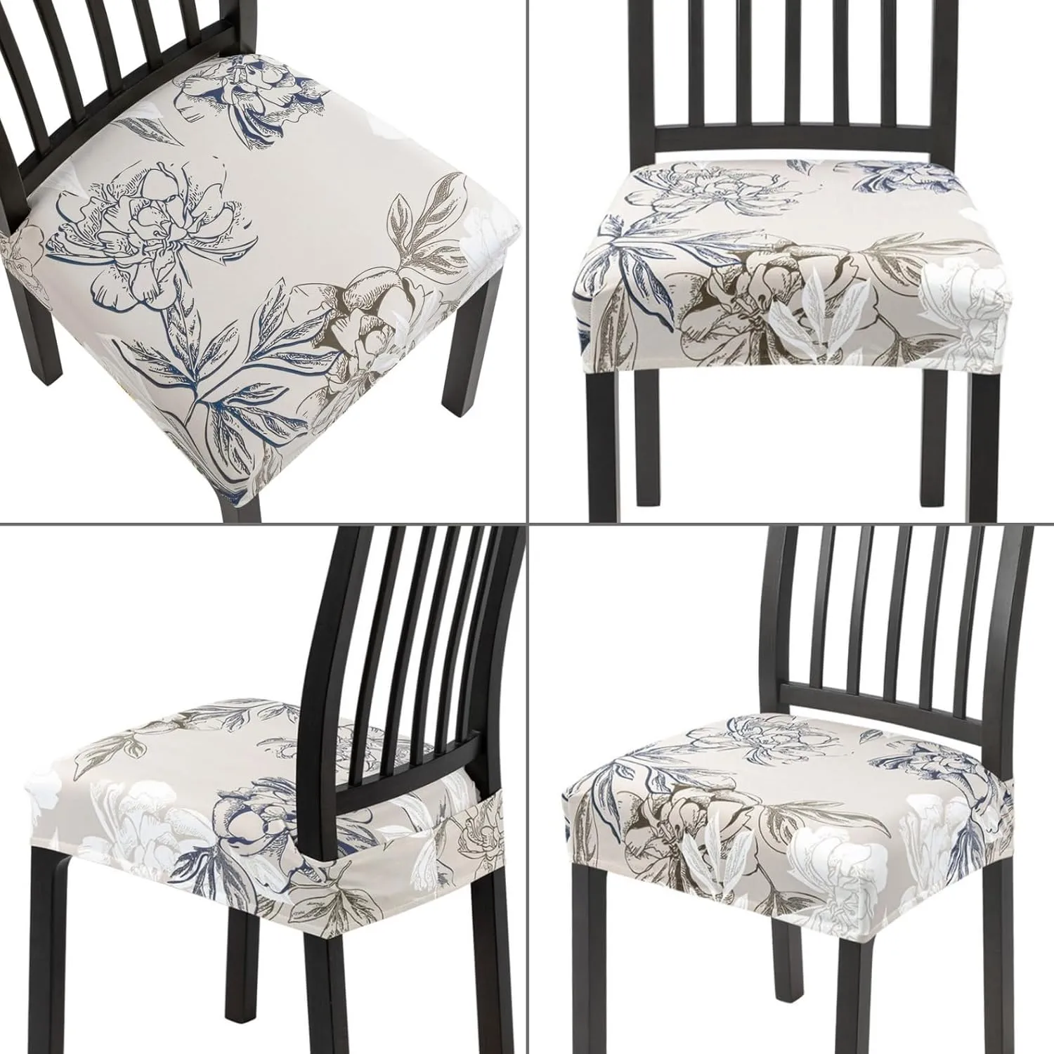 SearchI Waterproof Dining Chair Seat Covers Set of 6, Washable Stretch Seat Covers for Dining Chairs, Dining Room Seat Cover Protector (Rear-Covered, Brown and Blue Flower)