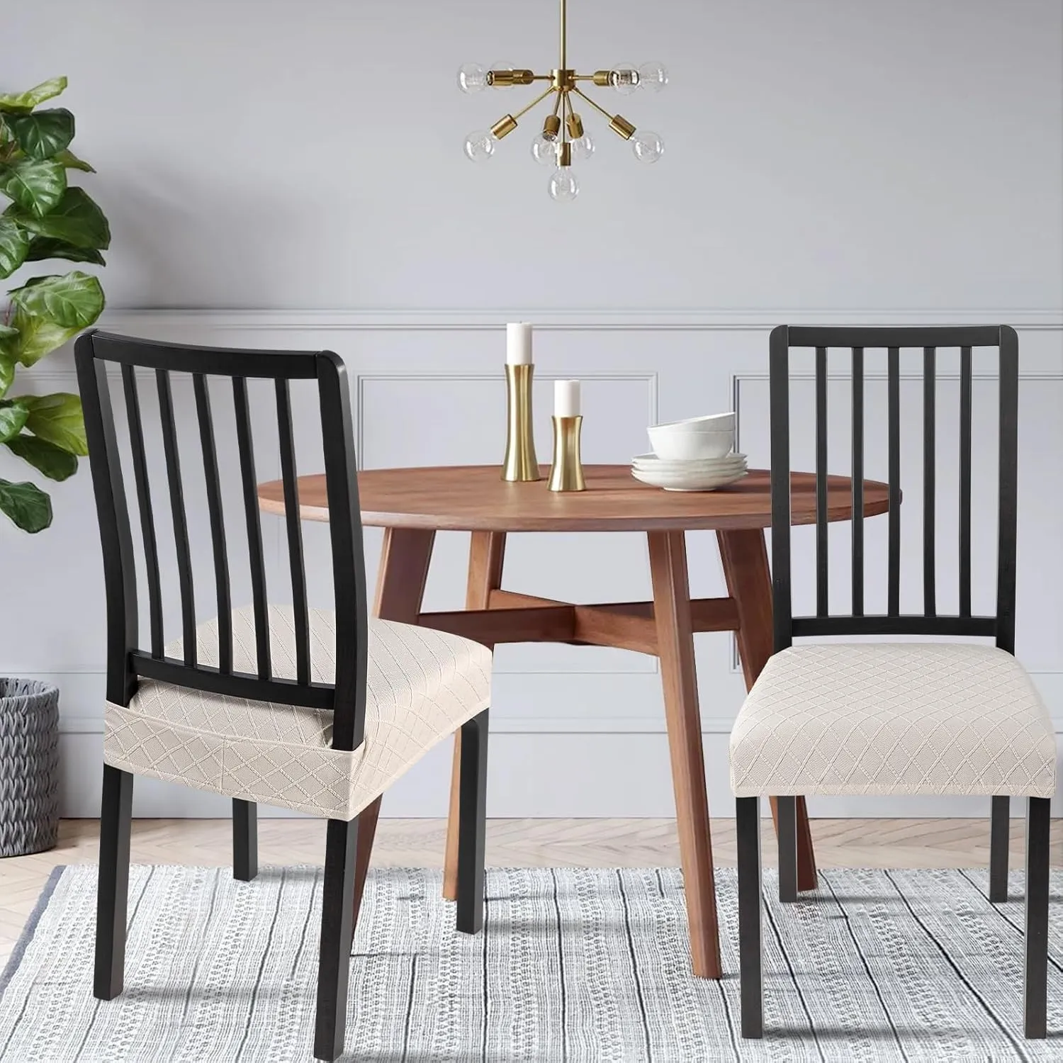 SearchI Waterproof Dining Chair Seat Covers Set of 6, Washable Stretch Seat Covers for Dining Chairs, Rear-Covered Dining Room Seat Cover Protector(Check Beige)