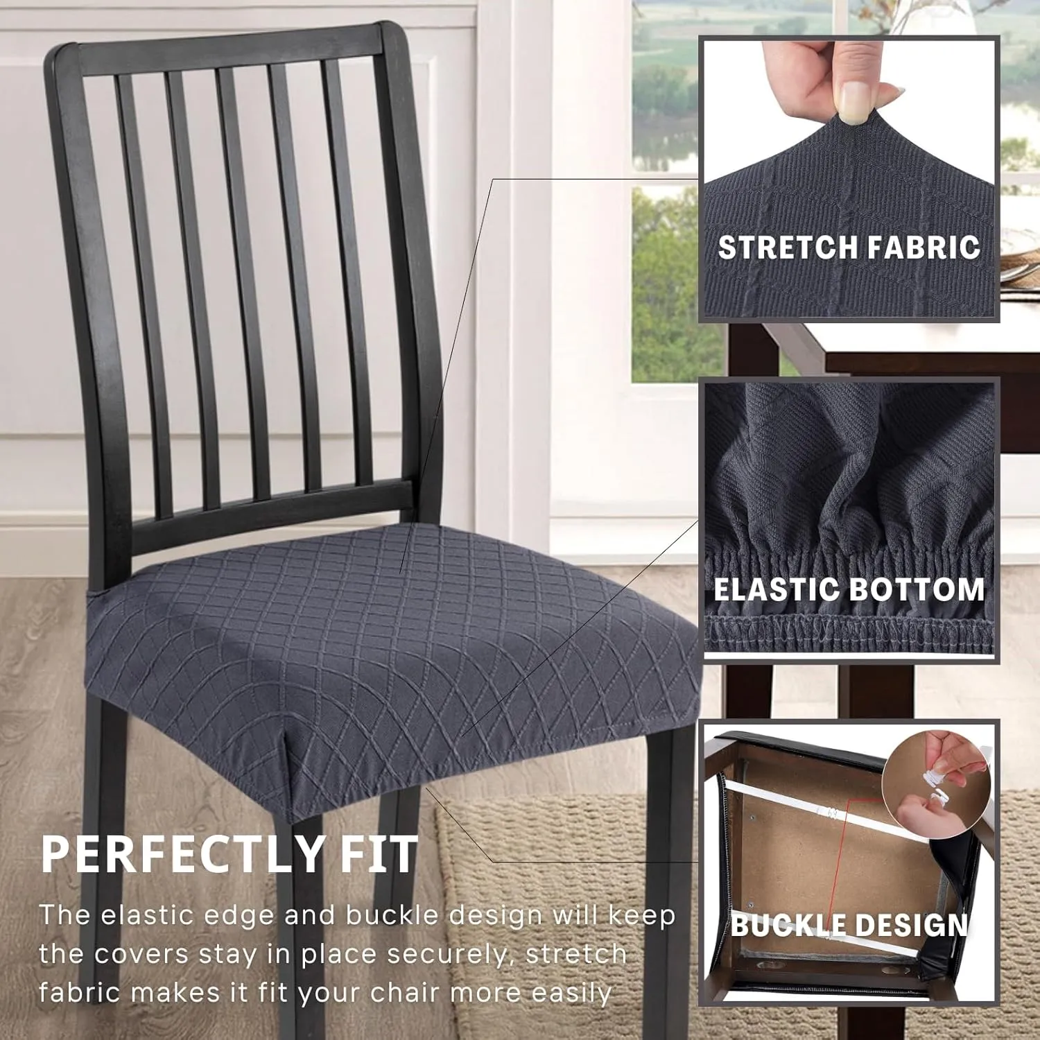 SearchI Waterproof Dining Chair Seat Covers Set of 6, Washable Stretch Seat Covers for Dining Chairs, Rear-Covered Dining Room Seat Cover Protector(Check Deep Grey)